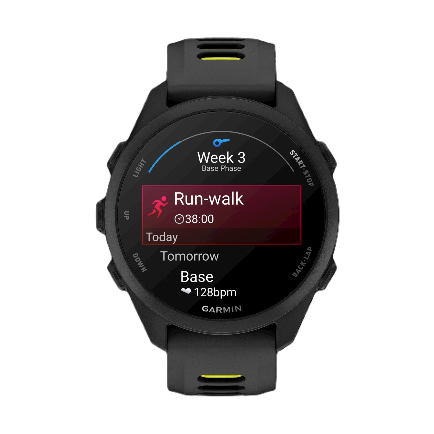 Orologio Garmin nero con display "Settimana 3, Corsa-camminata 38:00, 128 bpm".