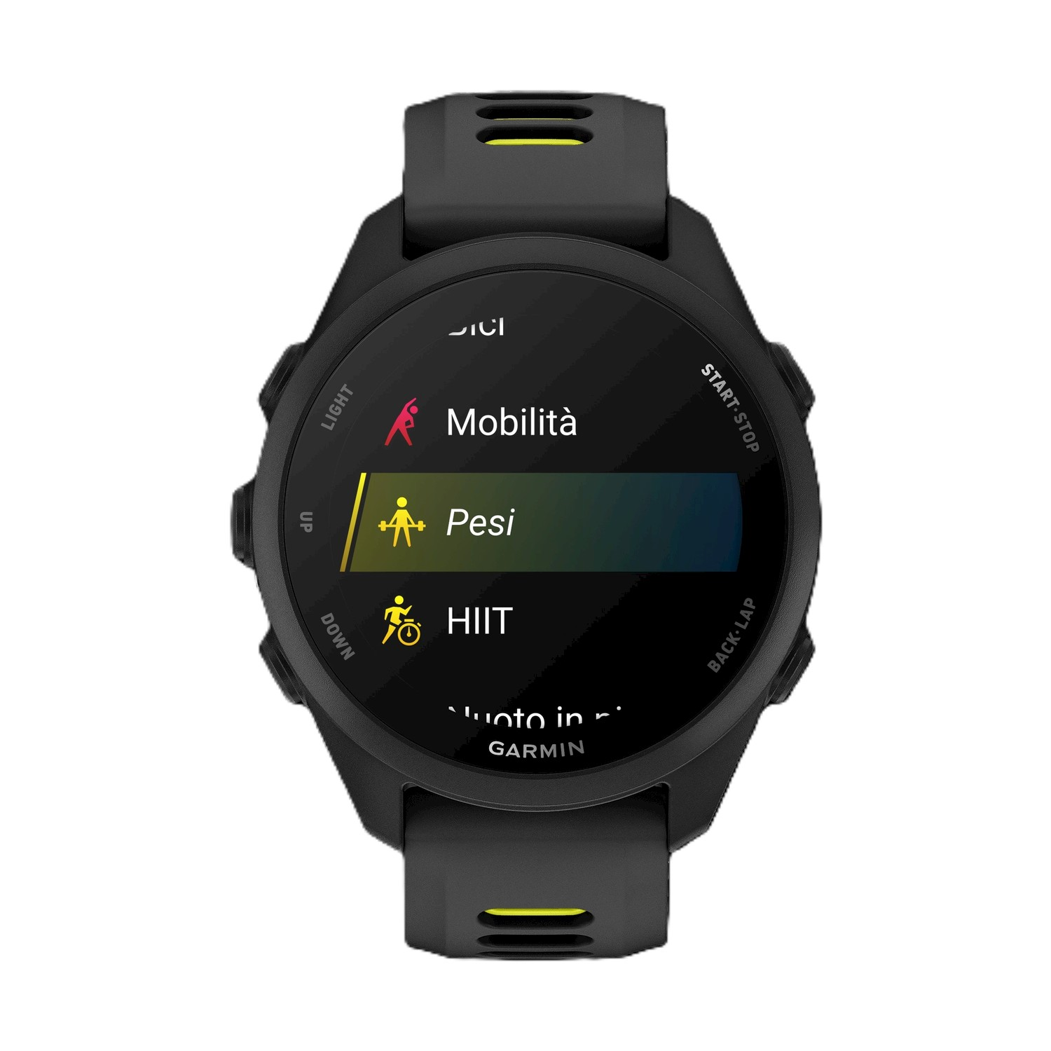 Smartwatch Garmin nera con menu modalità sportive sullo schermo.