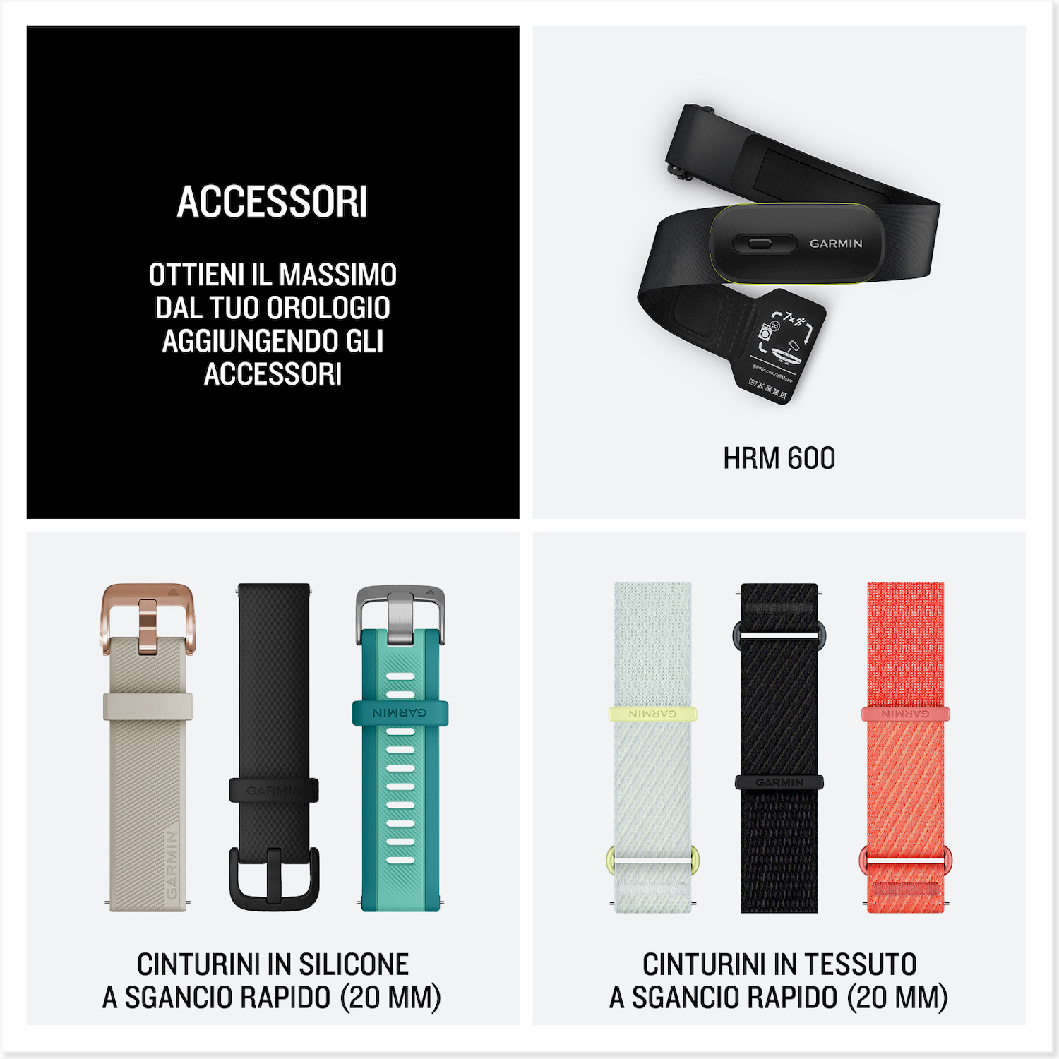 Accessori Garmin: cardiofrequenzimetro HRM 600, cinturini in silicone e tessuto.