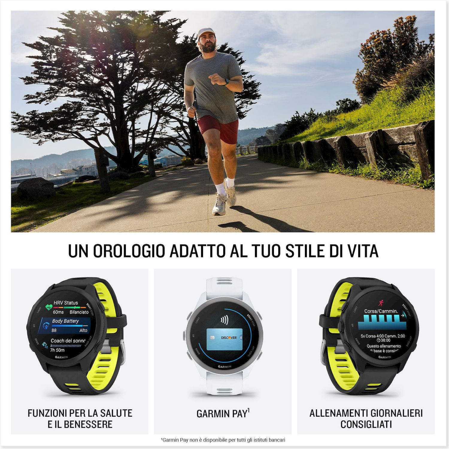 Un uomo corre su un sentiero con alberi sullo sfondo. Tre orologi sono mostrati accanto.