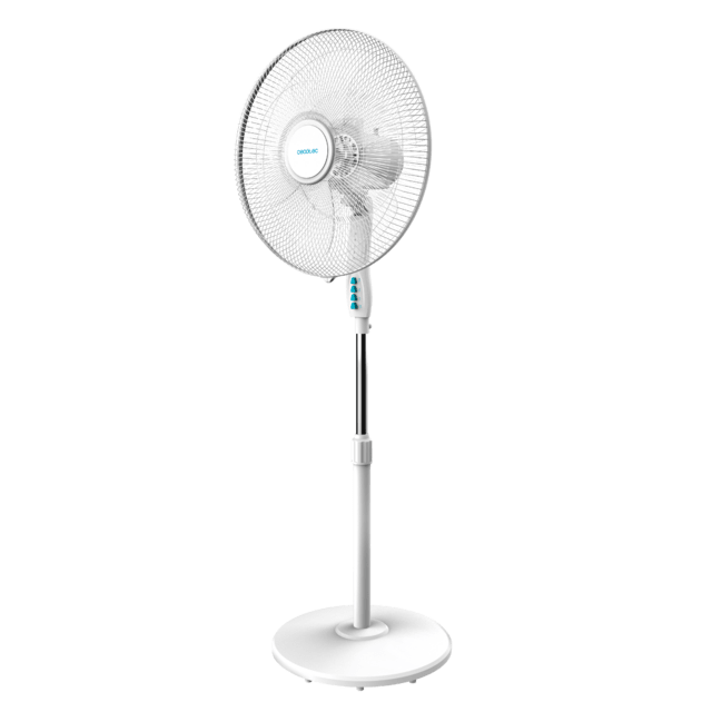 Un ventilador de pedestal blanco con base redonda y soporte ajustable.
