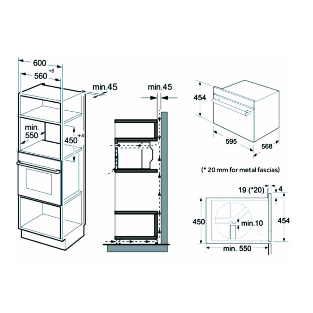 Los diagramas muestran las dimensiones del electrodoméstico, incluyendo altura, anchura y profundidad, con holguras mínimas.