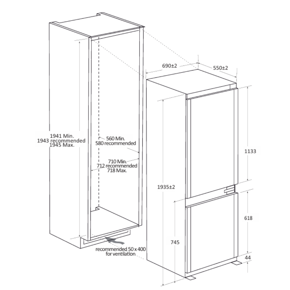 Dibujo lineal muestra dimensiones de unidad y espacio de instalación.