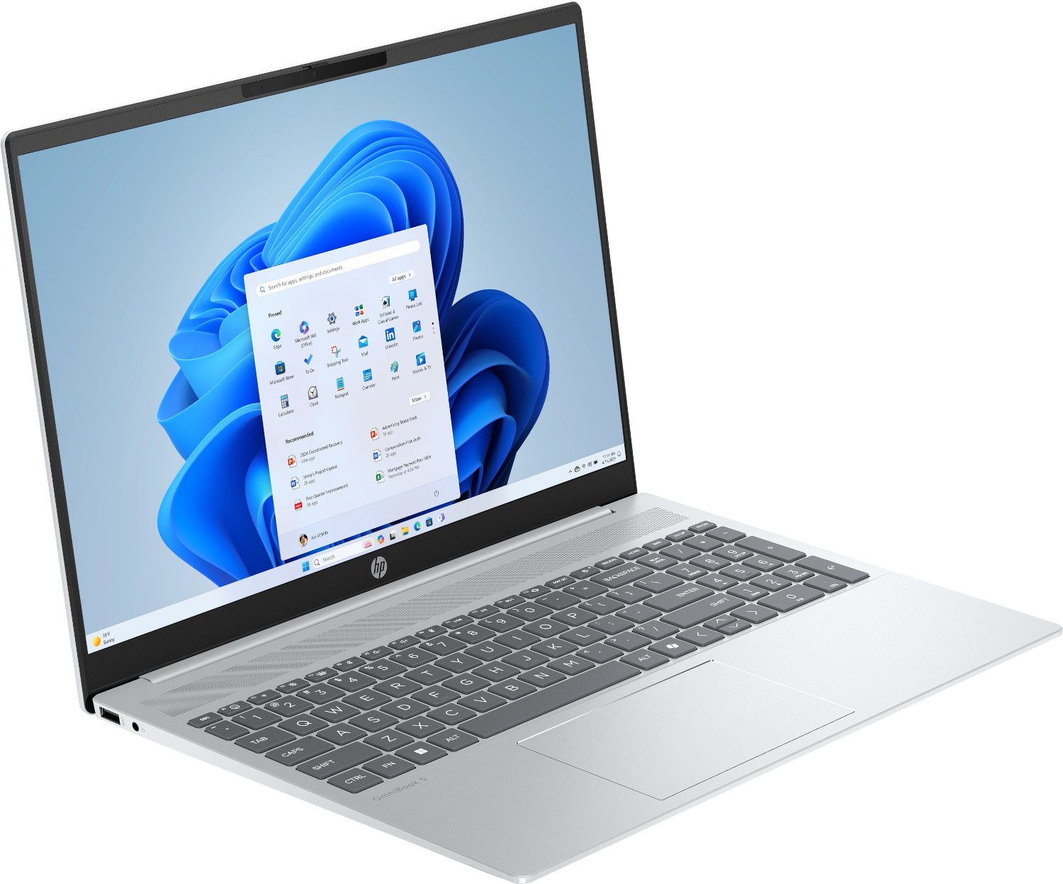 Een zilveren laptop met het Startmenu geopend en een blauw behang.
