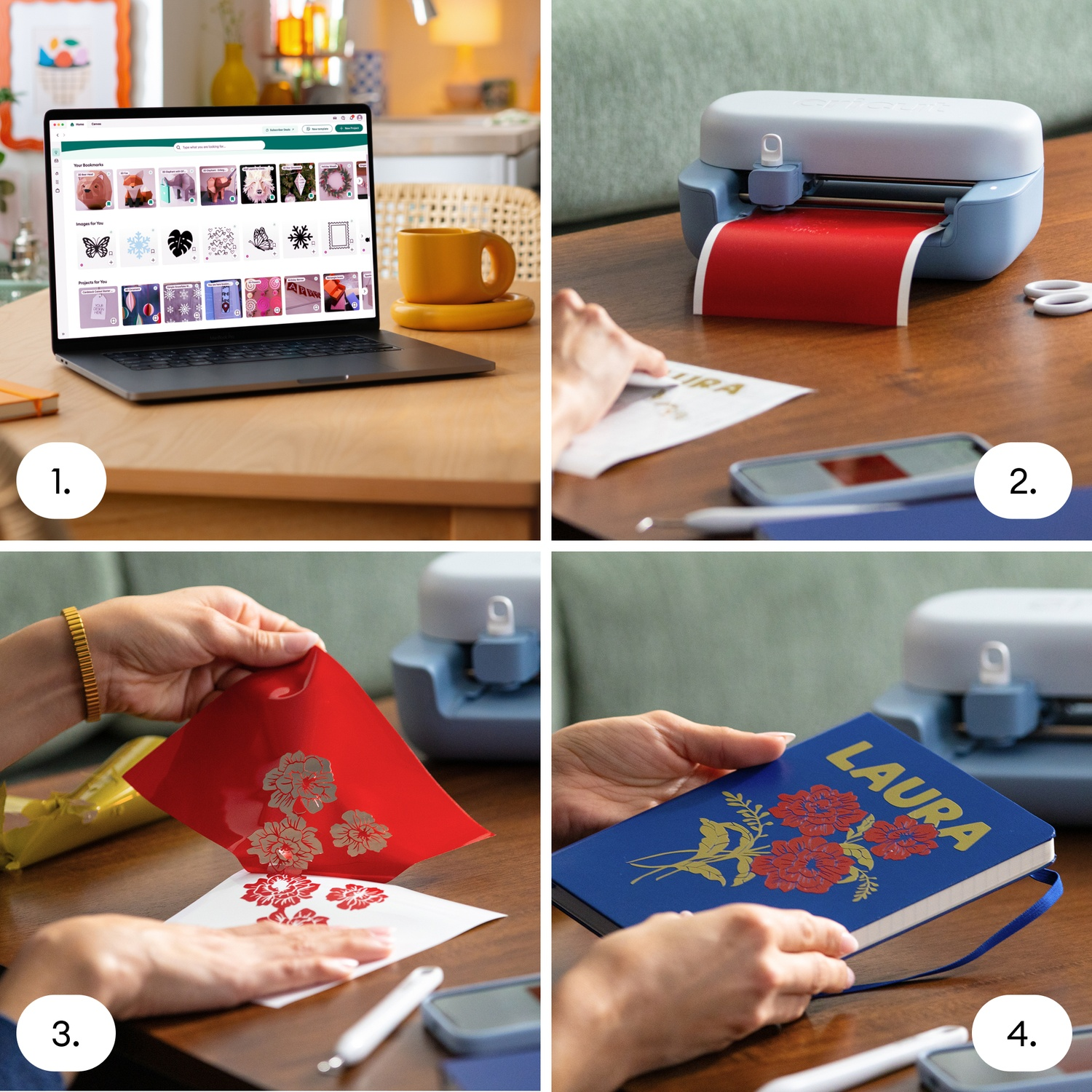 Laptop mostra disegni. Accanto, una tazza gialla e un taccuino.