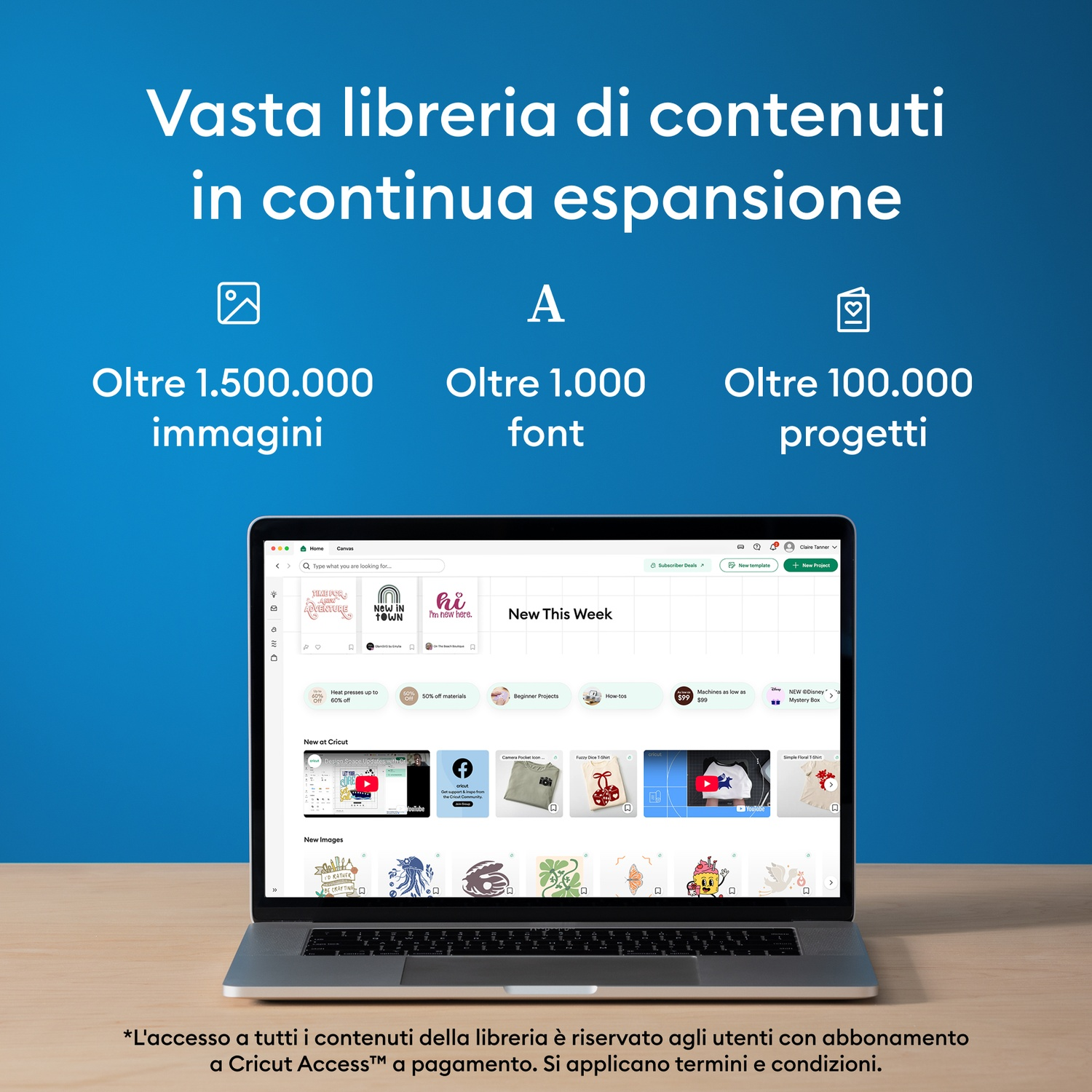 Laptop mostra interfaccia design Cricut con oltre 1,5M immagini, 1M font, 100K progetti.