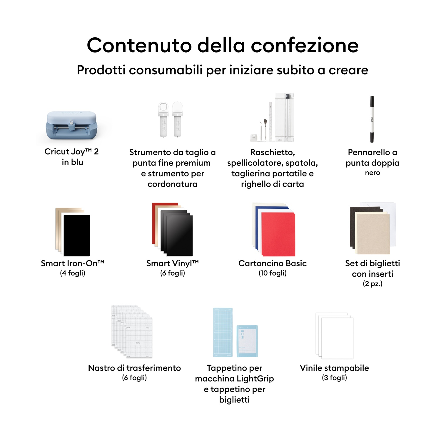 Contenuto: Cricut Joy, strumenti, raschietto, taglierina, penna, fogli termoadesivi/vinile, biglietti, nastro.