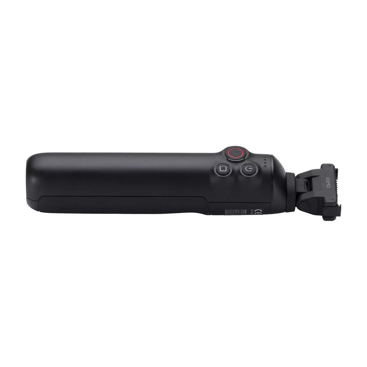 Un gimbal nero con pulsanti di controllo e una testa snodata.