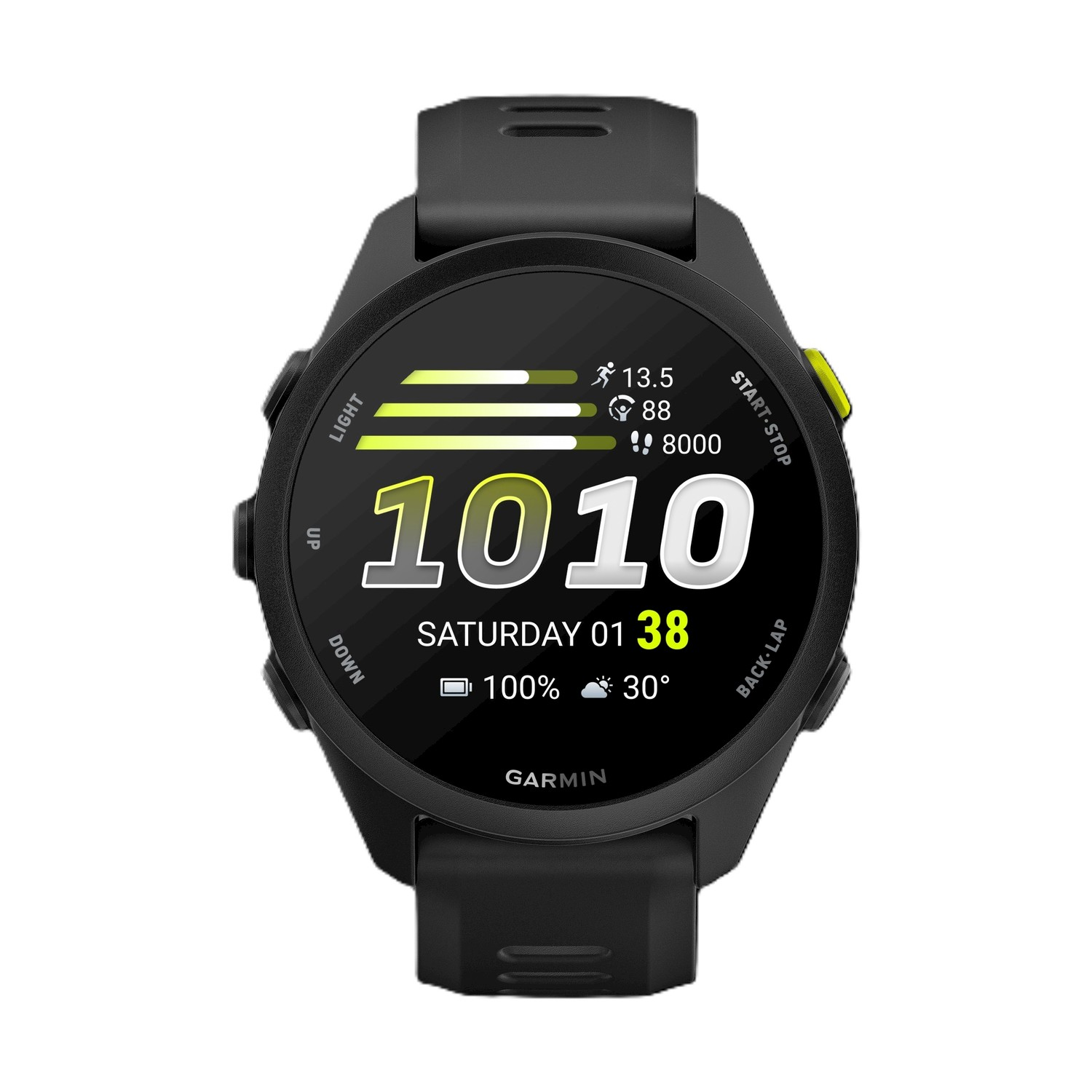 Orologio sportivo nero con display digitale: ore 10:10, data, batteria 100%, 30 gradi.
