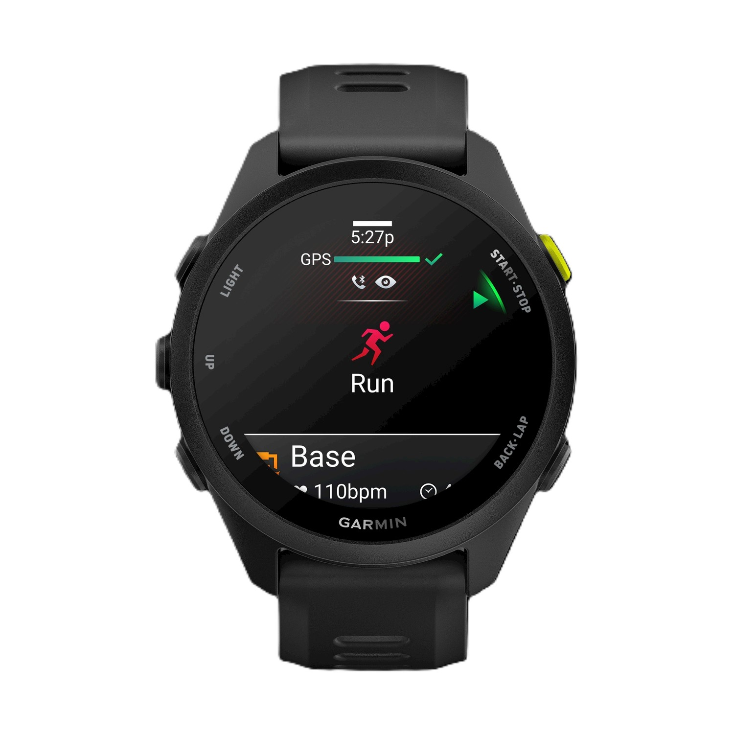 Orologio sportivo Garmin nero con app corsa, battito cardiaco e stato GPS.