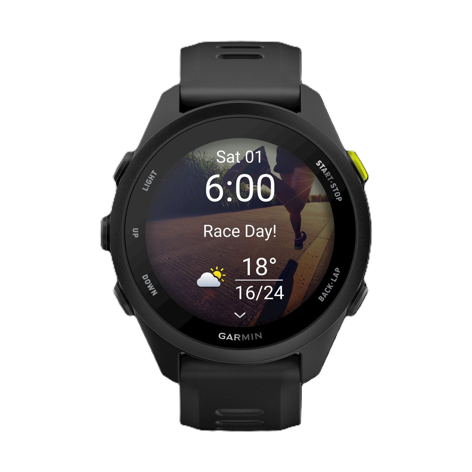 Smartwatch Garmin nero mostra Sab 01, 6:00, Giorno di gara, 18 gradi, 16/24.