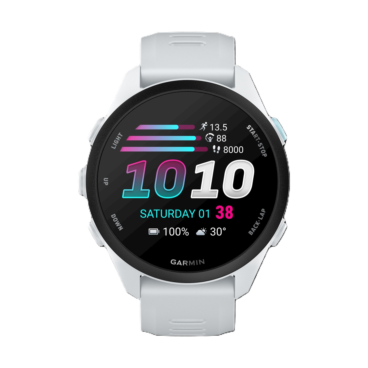 Orologio Garmin bianco mostra 10:10, sabato 01, batteria 100%, 30 gradi.
