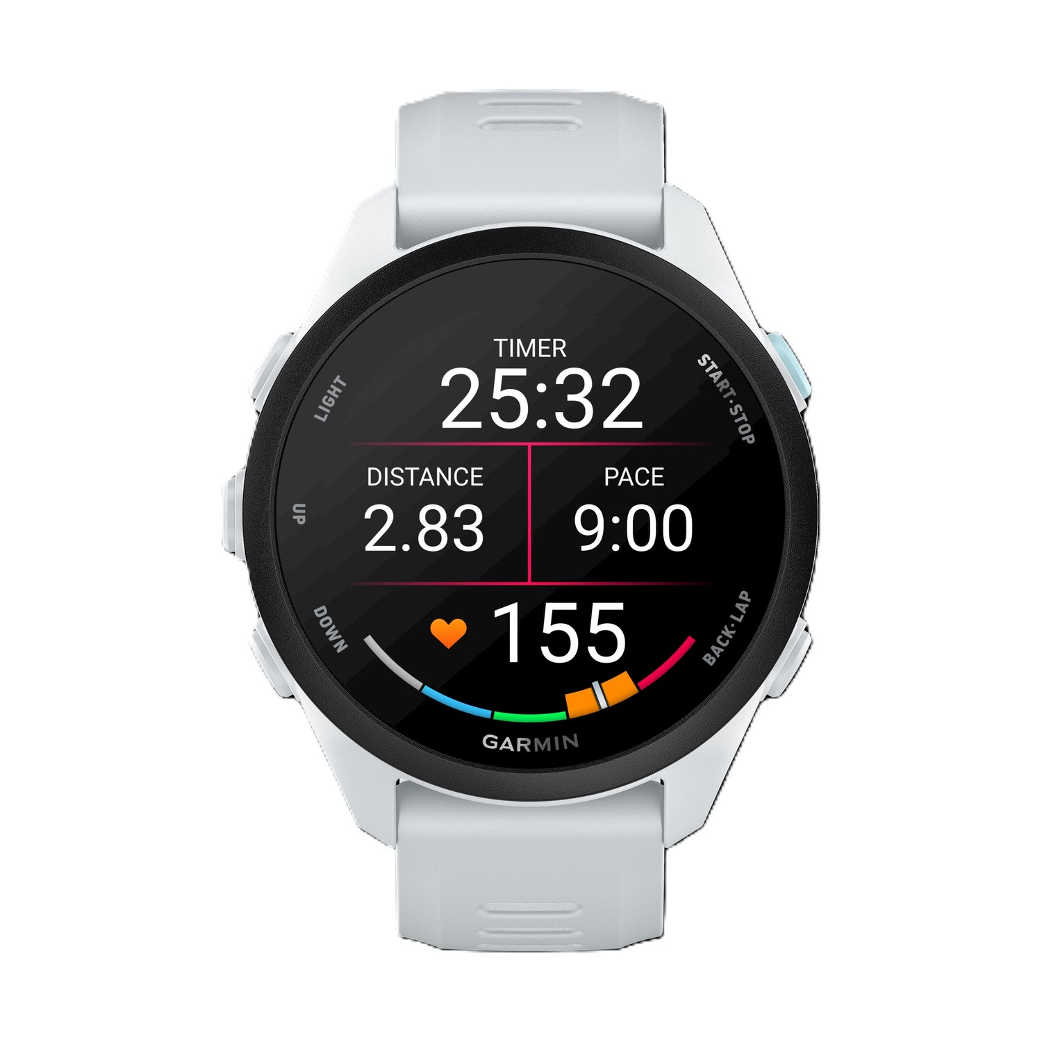 Orologio sportivo Garmin bianco con quadrante nero mostra timer, distanza, passo e battito.