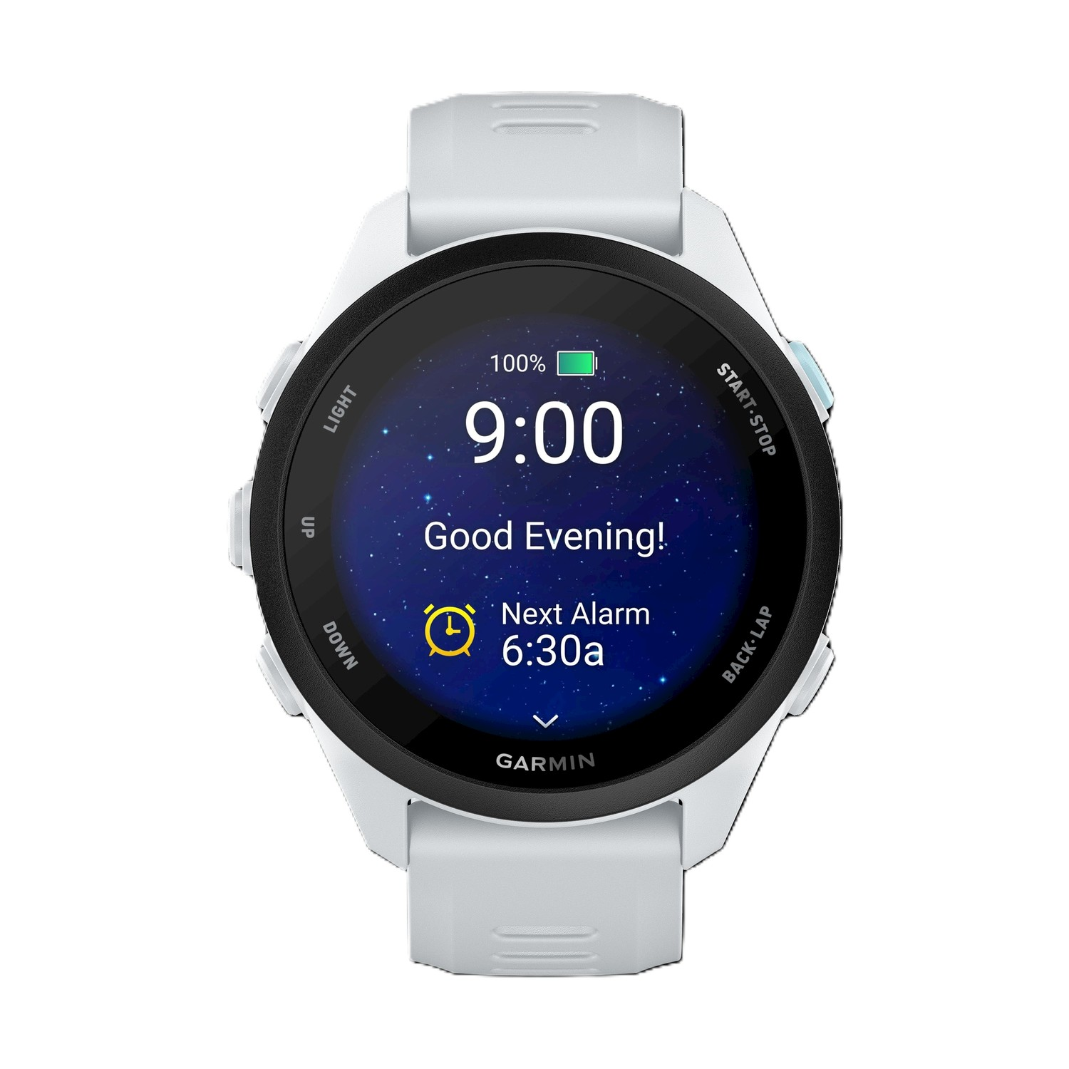 Uno smartwatch bianco mostra le 9:00, Buonasera e la prossima sveglia alle 6:30.