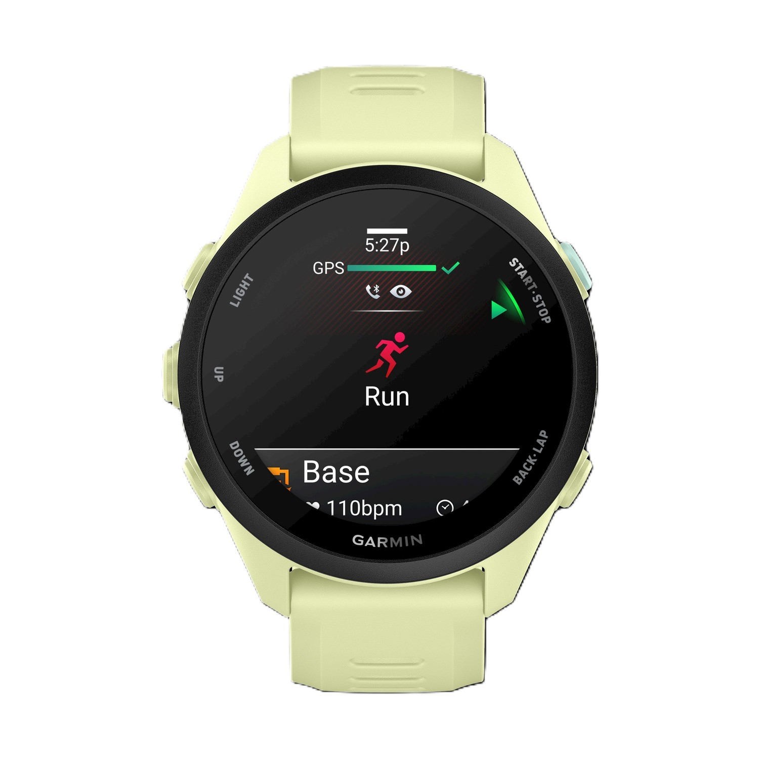 Uno smartwatch Garmin giallo chiaro che mostra modalità corsa, battito cardiaco e GPS.