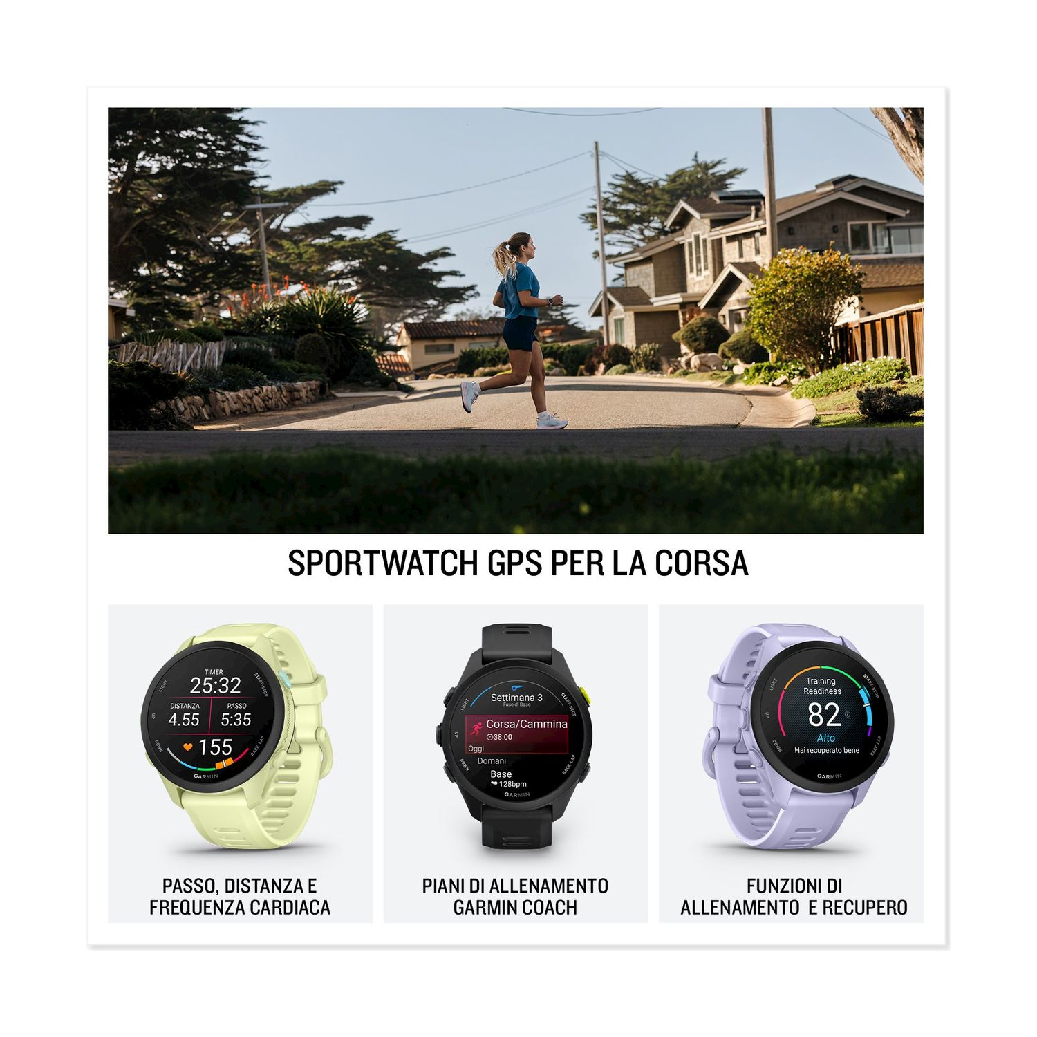 Sportwatch con runner in strada, tre orologi Garmin sotto.
