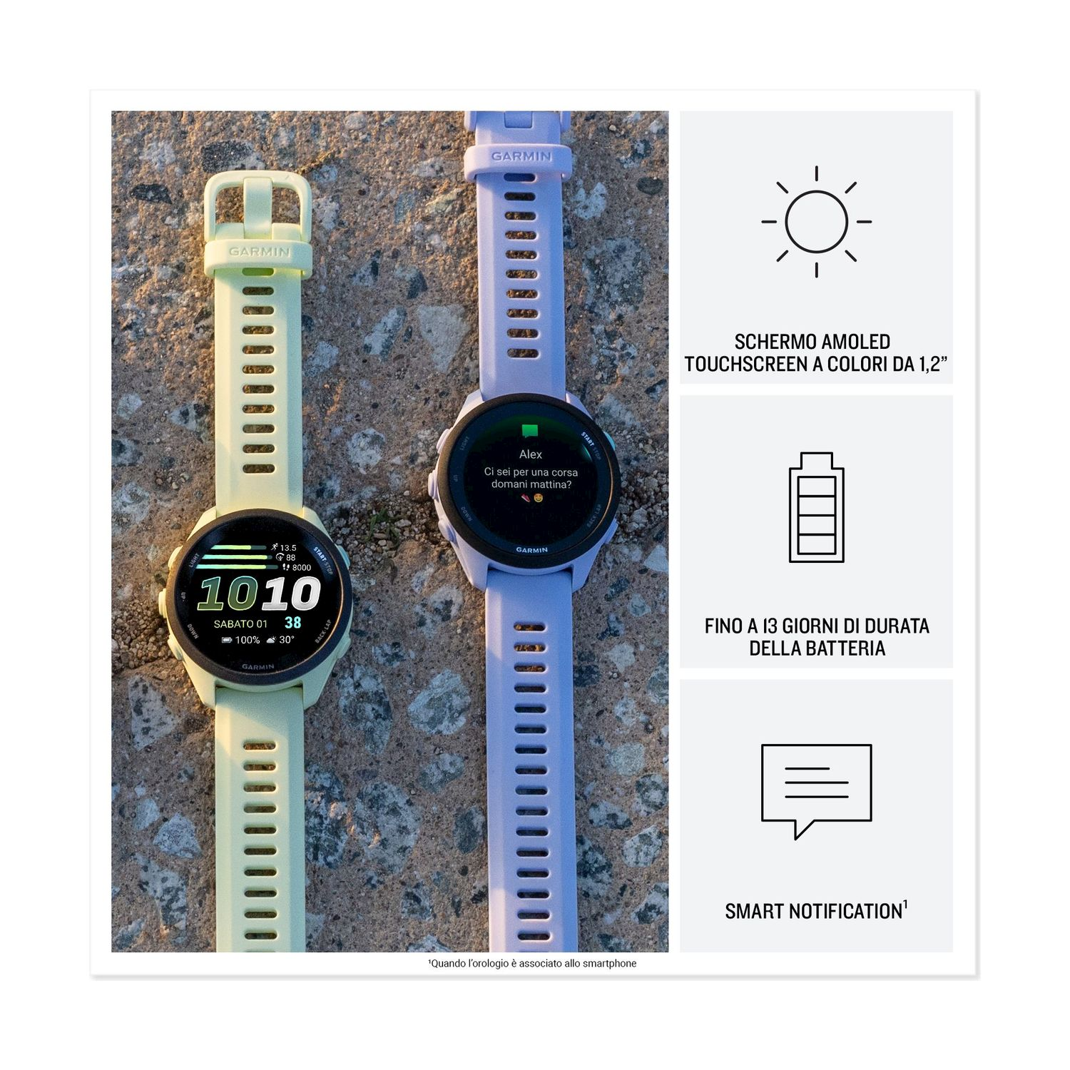 Due Garmin watch, una verde chiaro, una viola, su sassi. Dettagli schermo, batteria, notifiche.