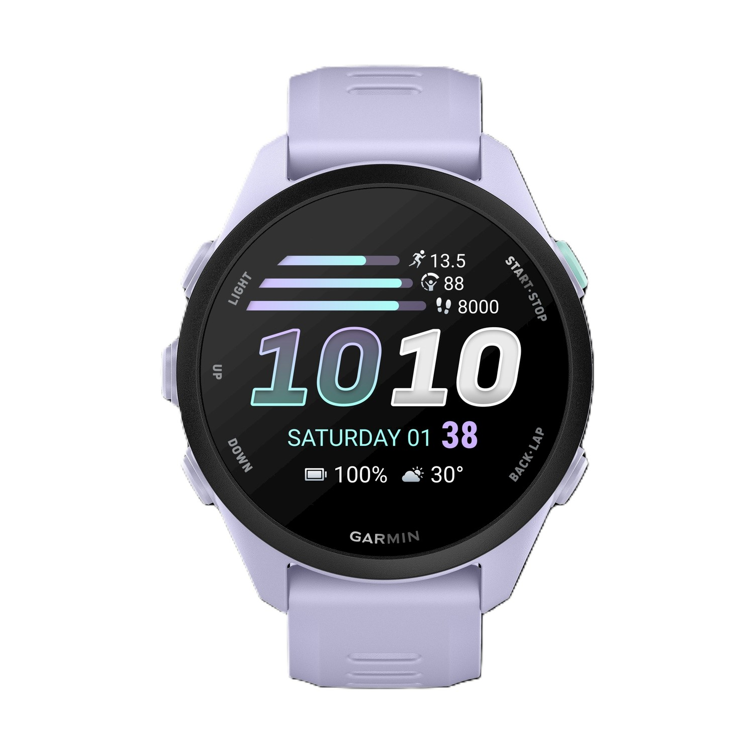 Uno smartwatch Garmin lavanda con quadrante scuro che mostra le 10:10.