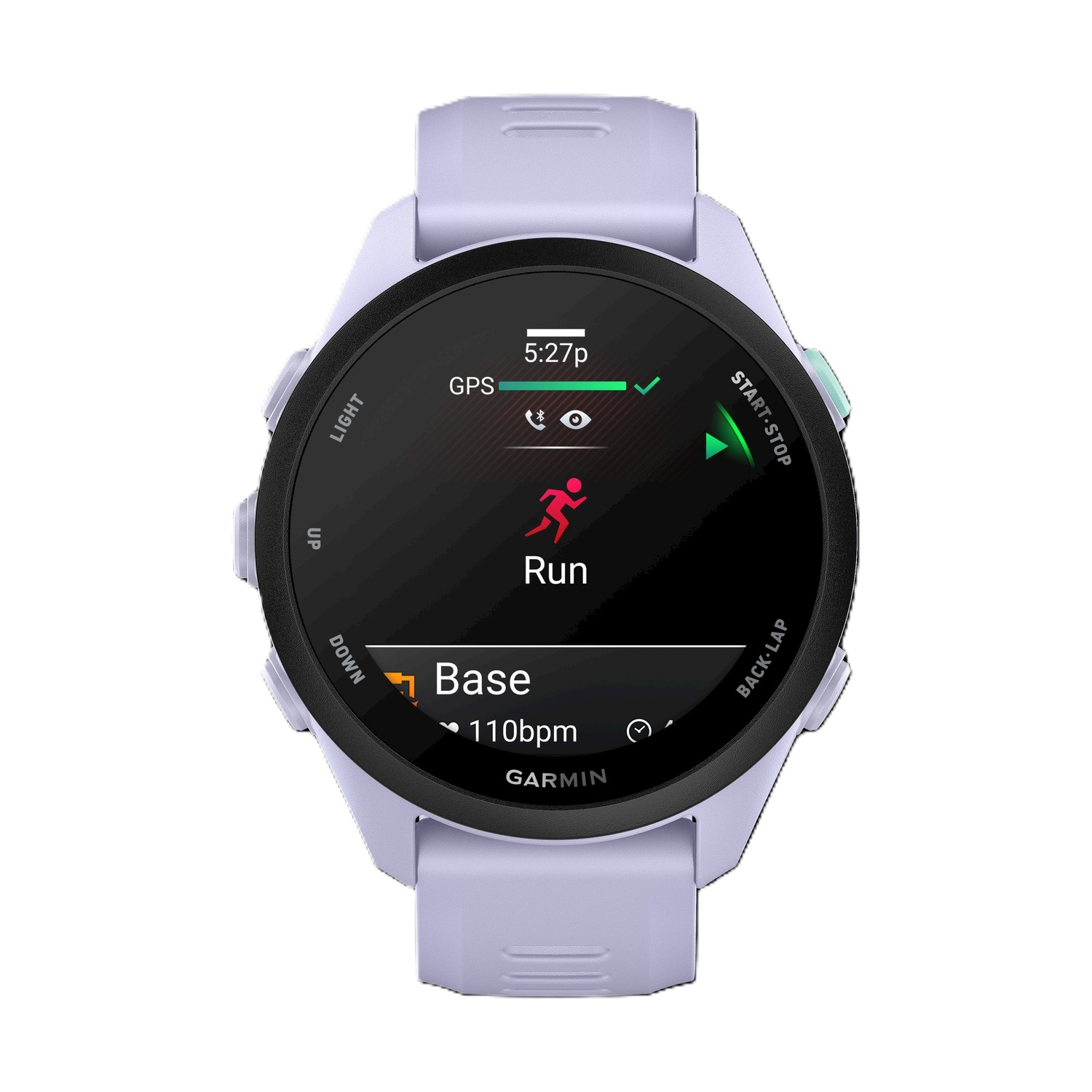 Uno smartwatch Garmin viola mostra le 17:27 e 110 bpm.