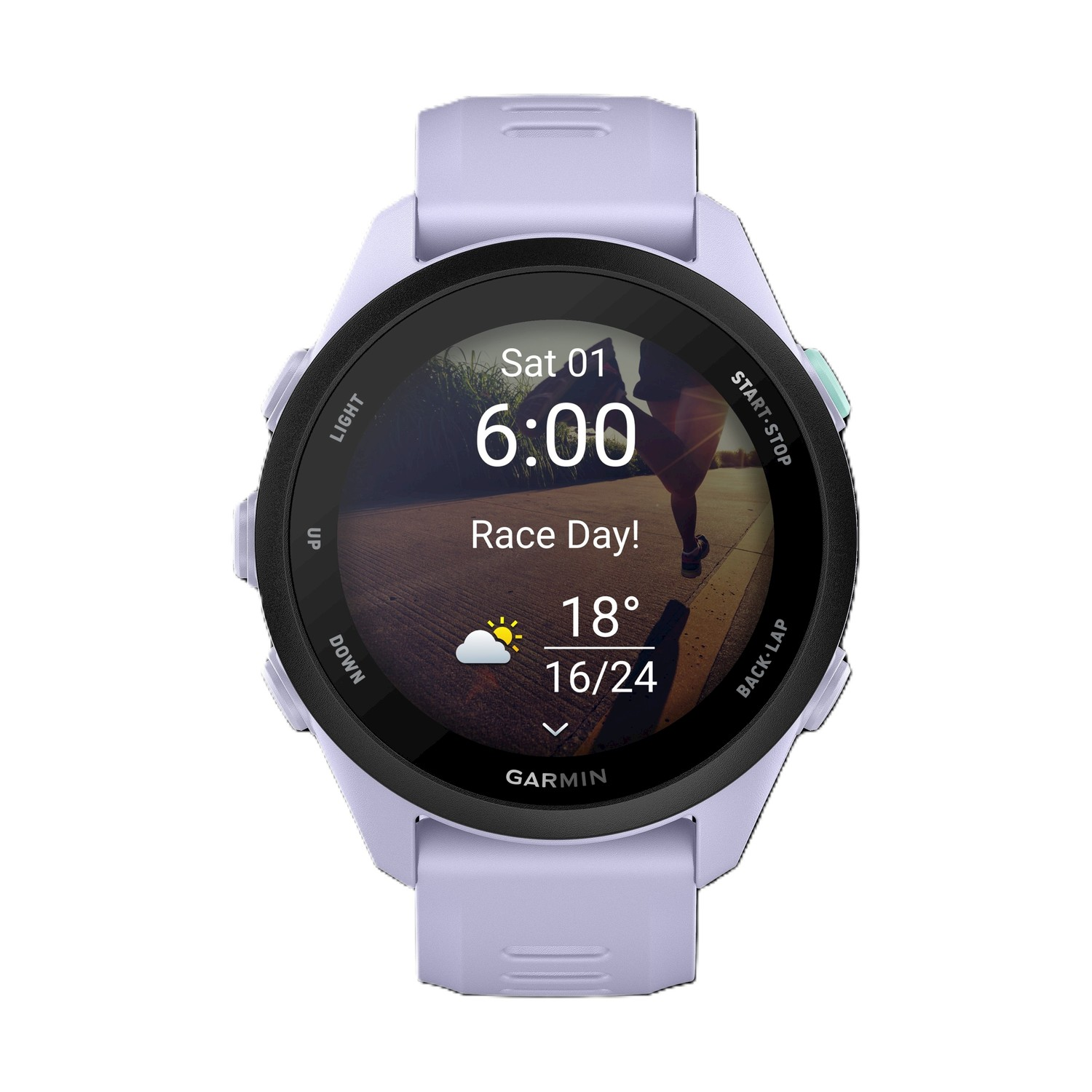 Orologio Garmin viola mostra 6:00, Sab 01, Giorno di gara, 18°, 16/24.