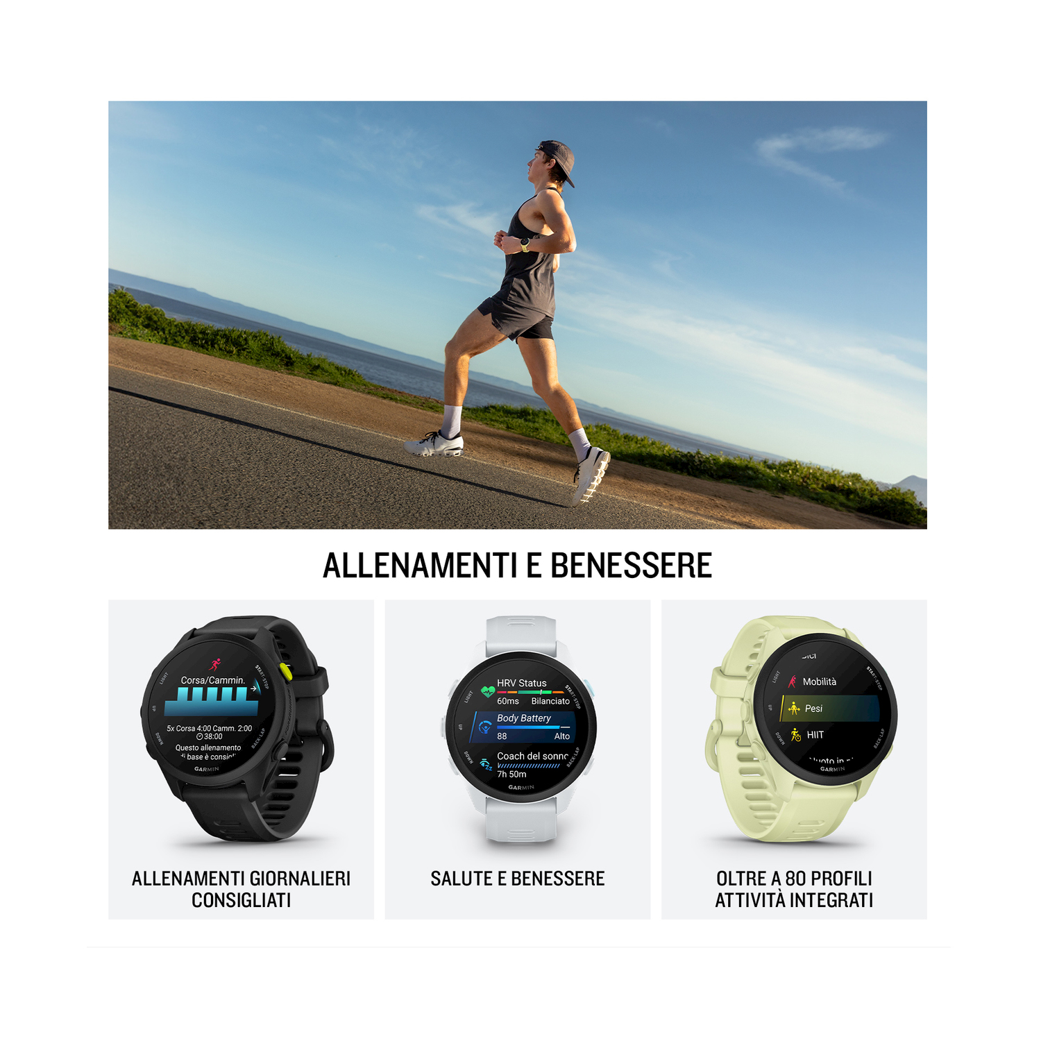 Uomo che corre al mare, tre smartwatch nelle vicinanze.