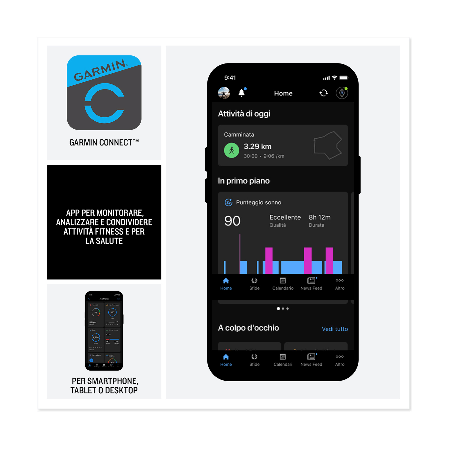 App Garmin Connect su smartphone e smartwatch, mostra dati attività e sonno.