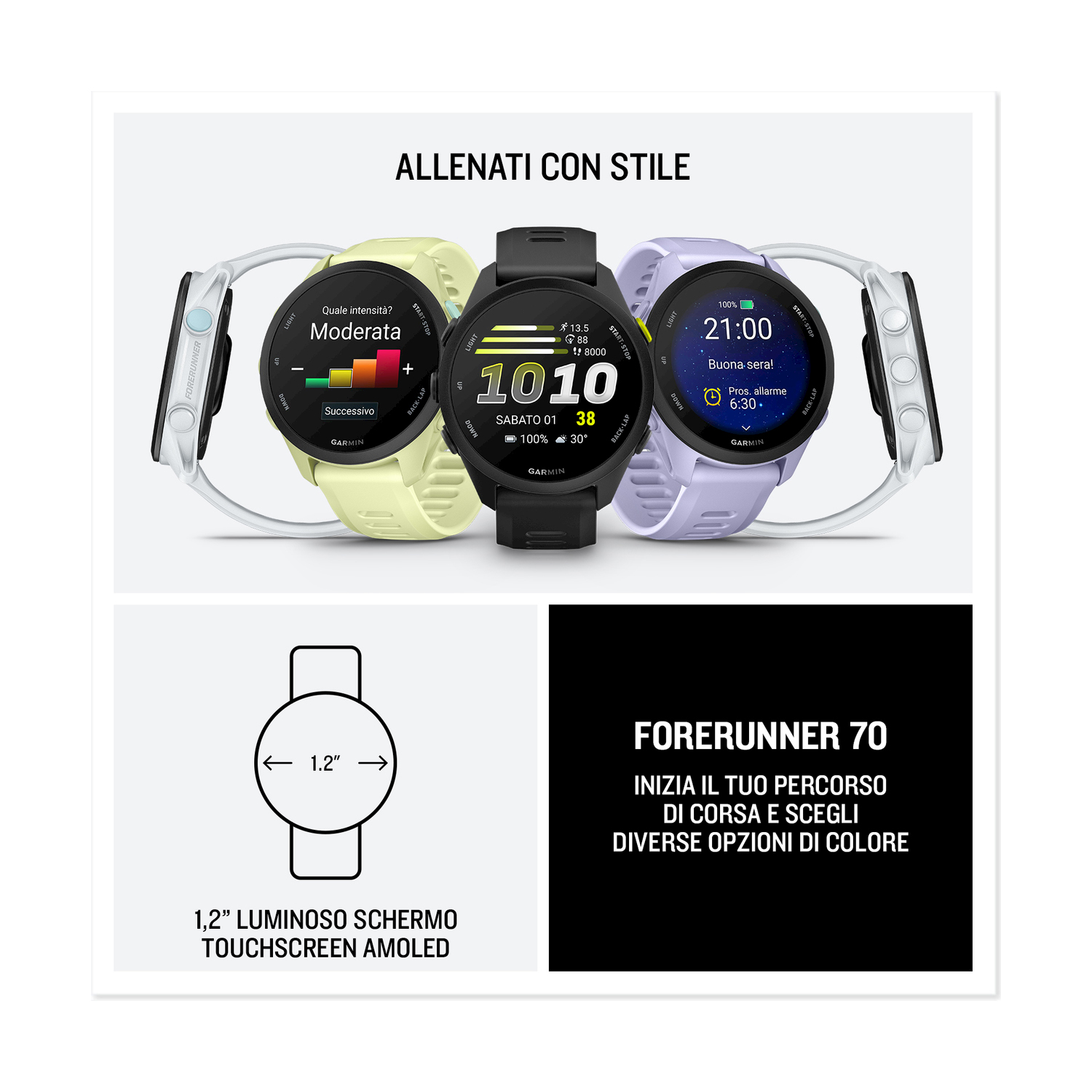 Tre orologi Garmin Forerunner 70 gialli, neri e viola, con viste del display.