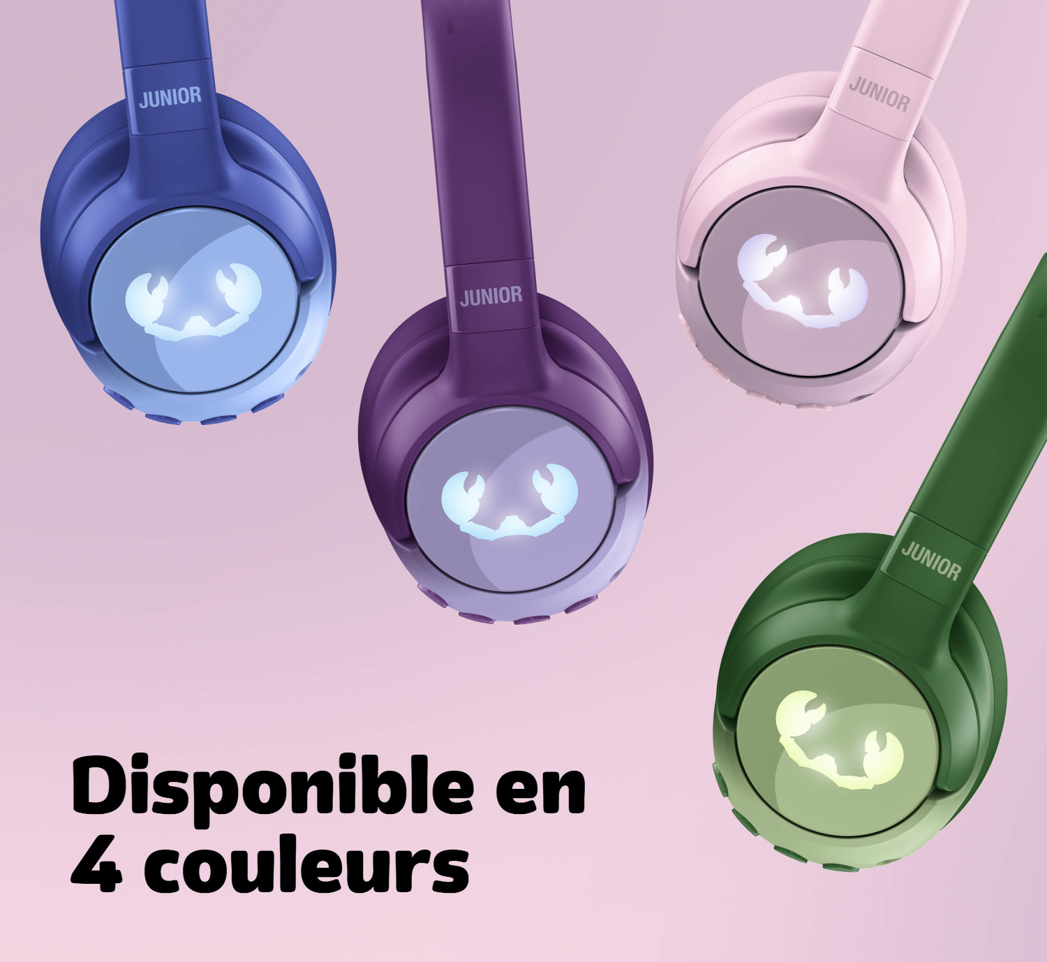 Quatre casques colorés avec logo crabe sont présentés.