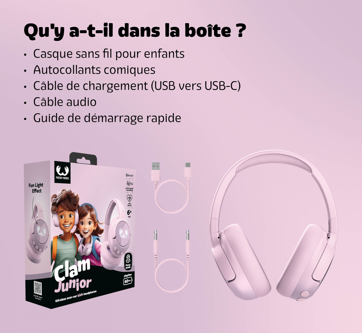 Contenu de la boîte : casque, câbles, autocollants et guide de démarrage rapide.