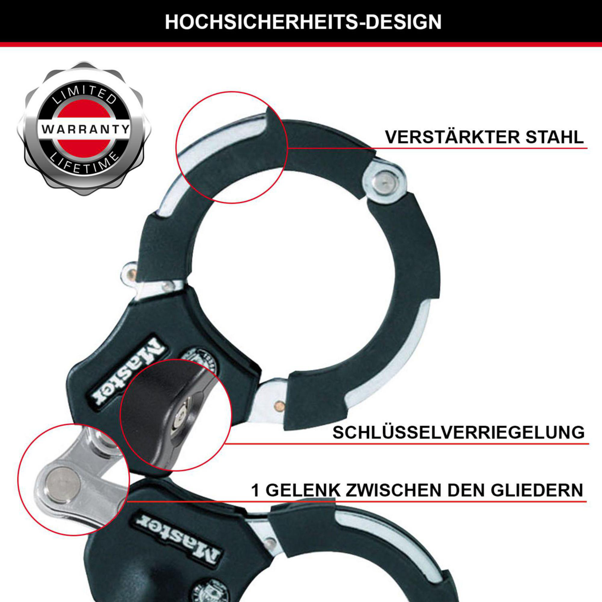 Nahaufnahme einer Master Lock Handschelle mit verstärktem Stahl und Schlüsselschloss.