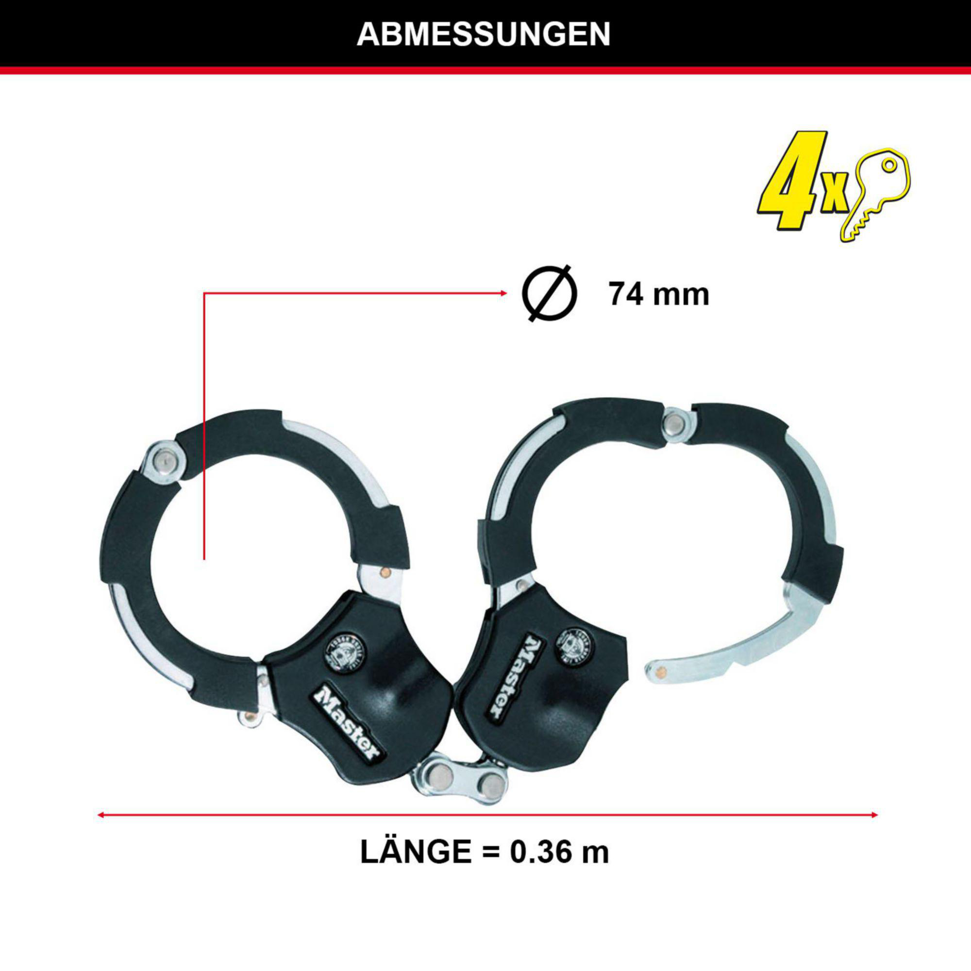Schwarze Handschellen mit silbernen Gelenken und dem Master-Logo. Maße sind 74 mm und 0,36 m.