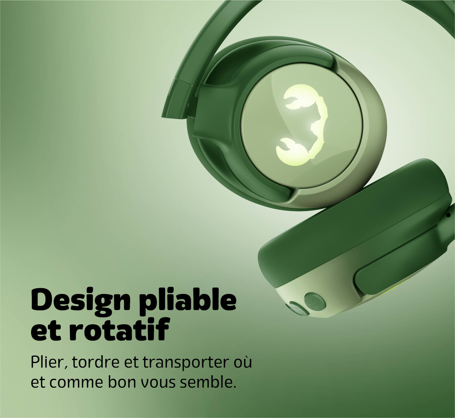 Casque vert avec logo scorpion, pliable et rotatif.