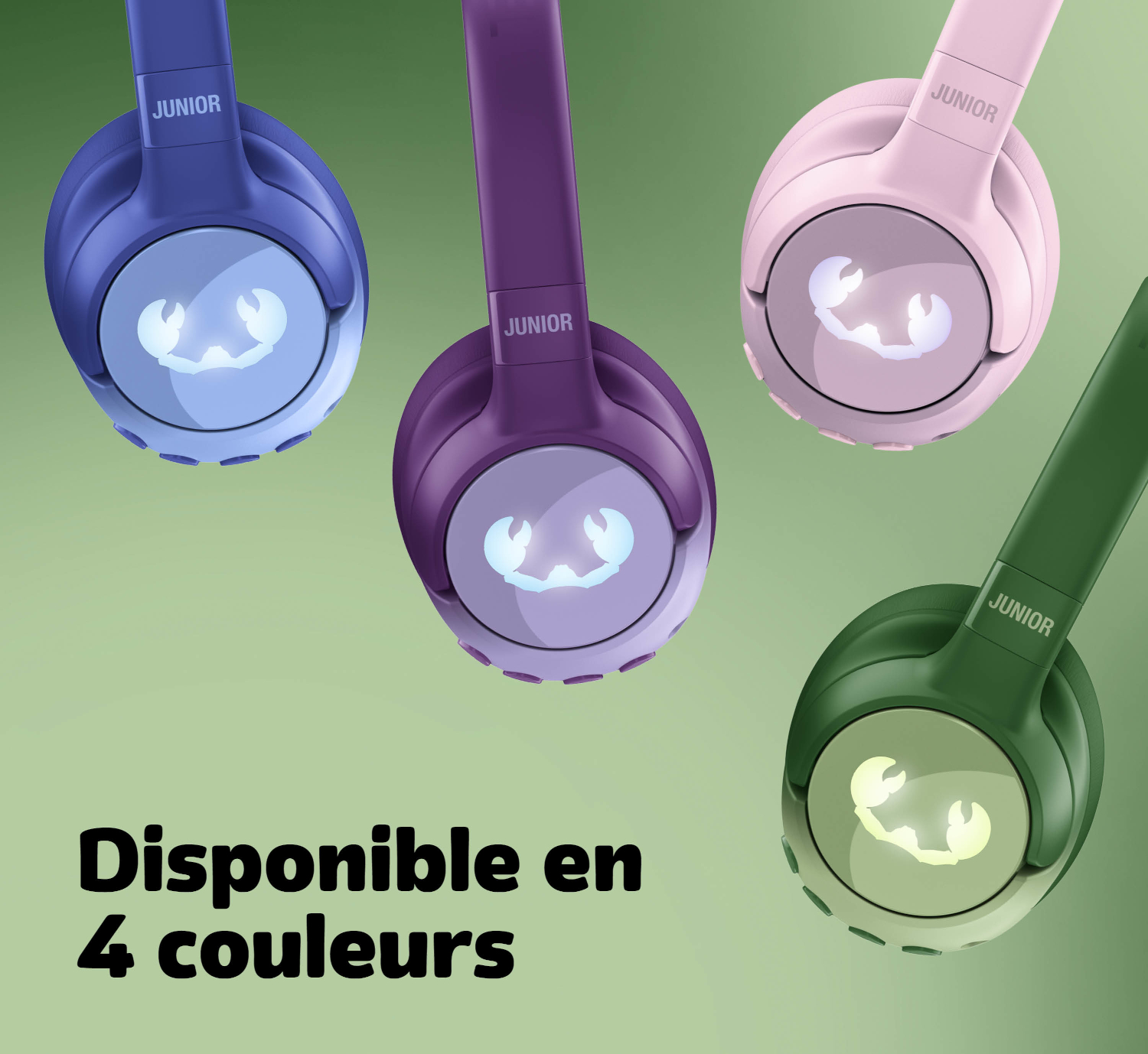 Quatre casques bleus, violets, roses et verts avec logo lumineux.