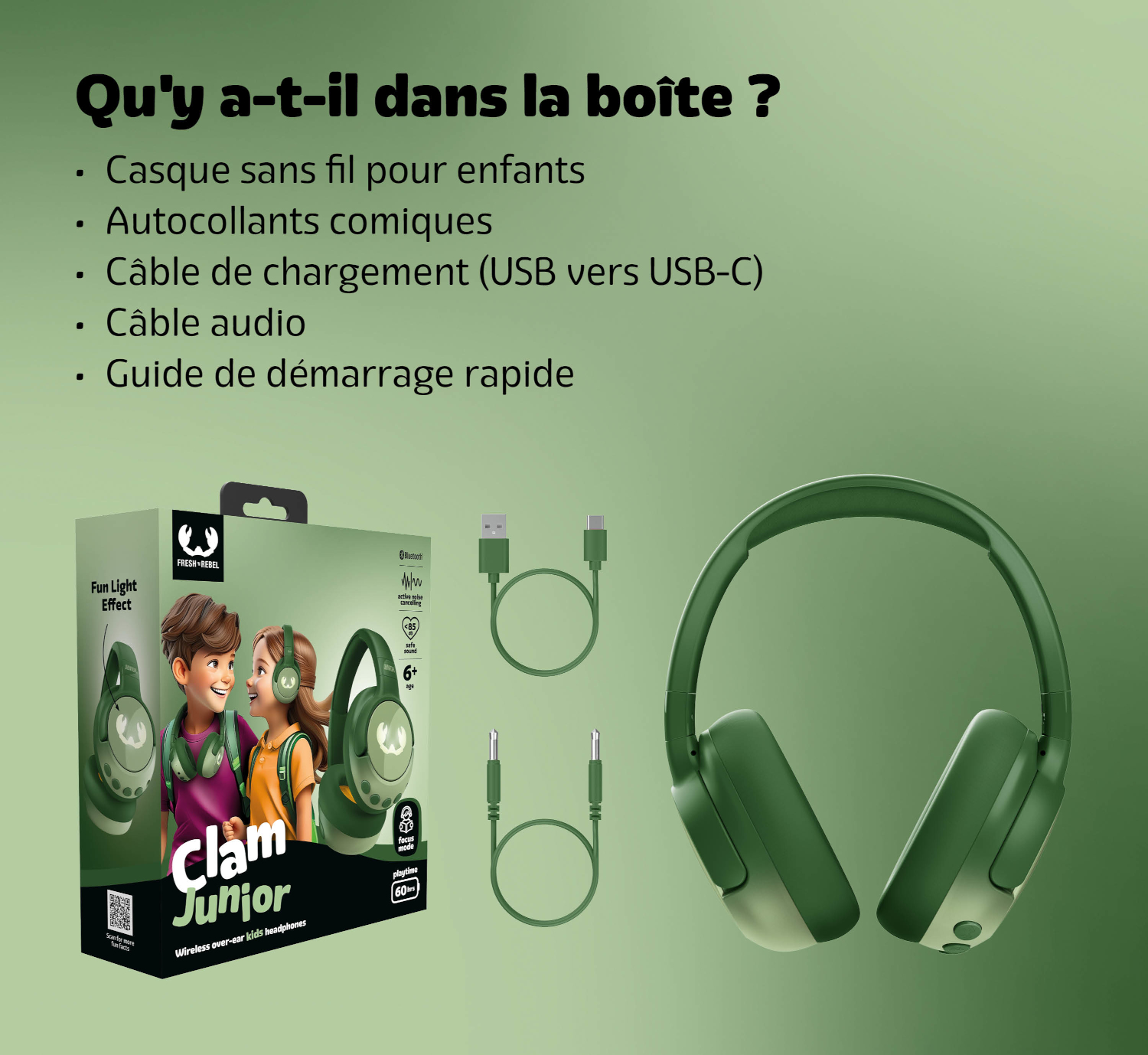 Boîte de produit montrant des écouteurs, des câbles et des autocollants pour enfants.