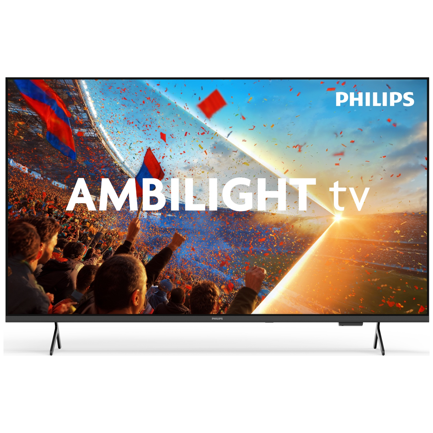 A Philips Ambilight TV displays cheering fans with confetti and flags.