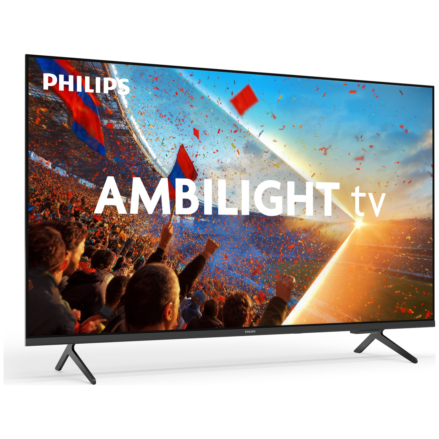 A Philips Ambilight TV displays a cheering crowd with flags and confetti.