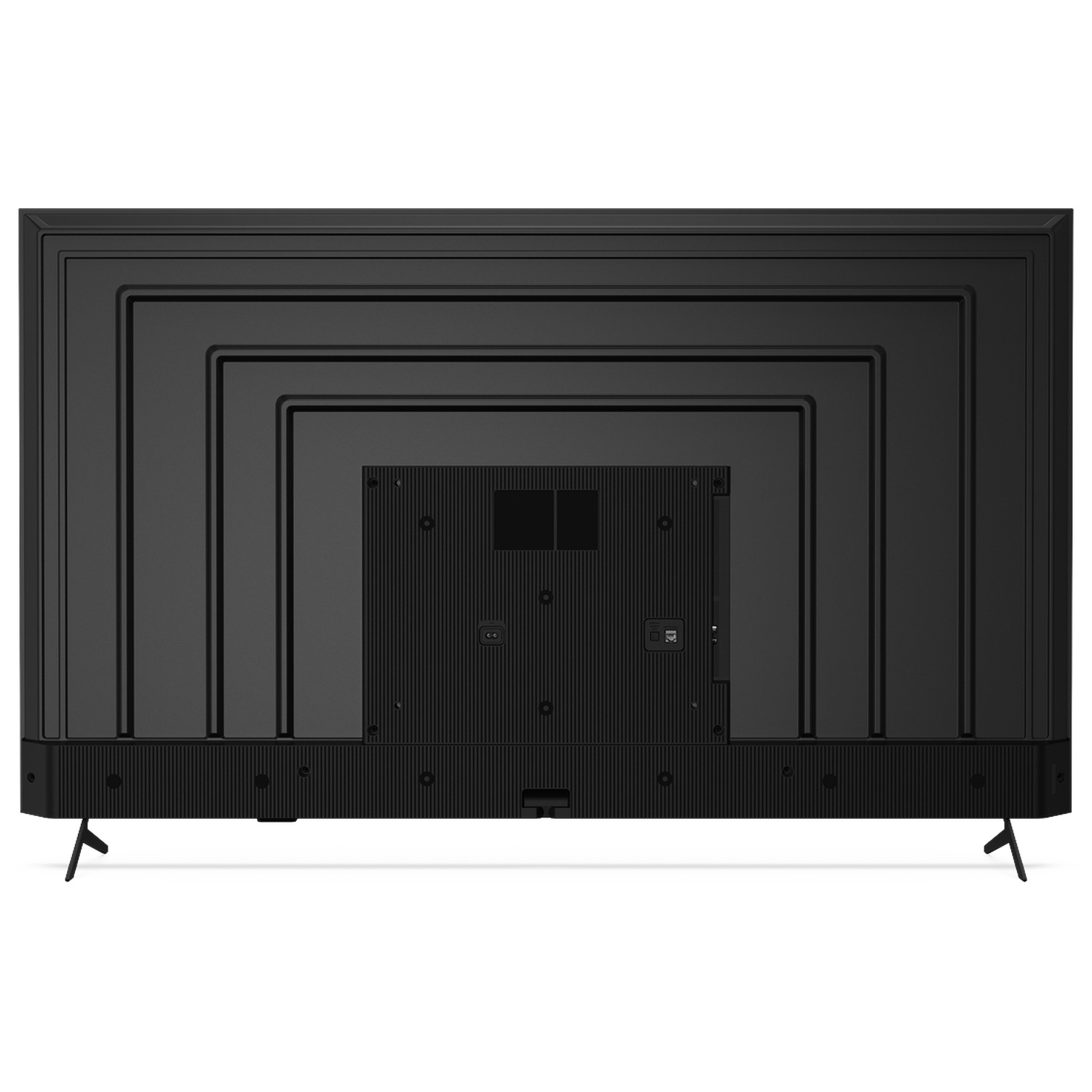 Back of a black television with ports and two slim stand legs.