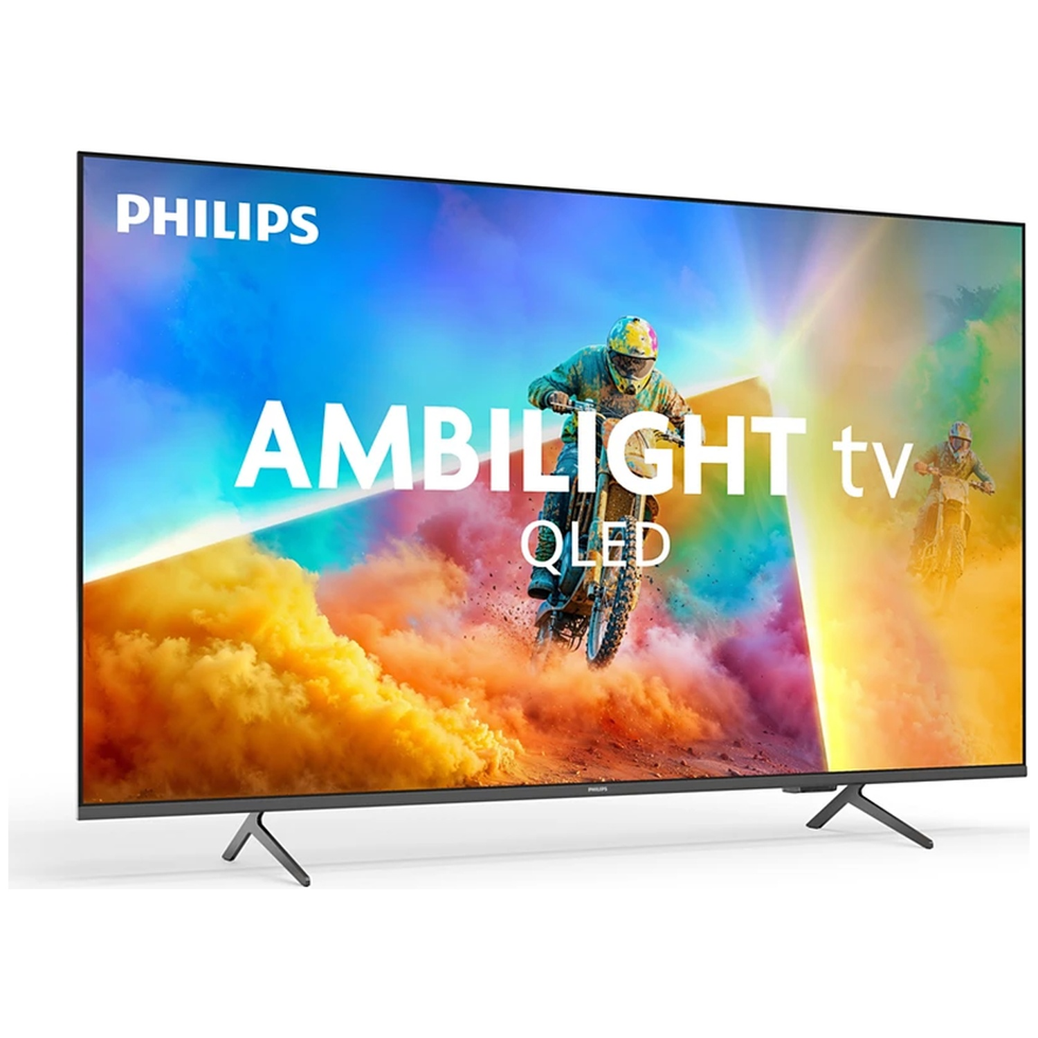 Philips Ambilight QLED TV displays motocross riders with colorful smoke.