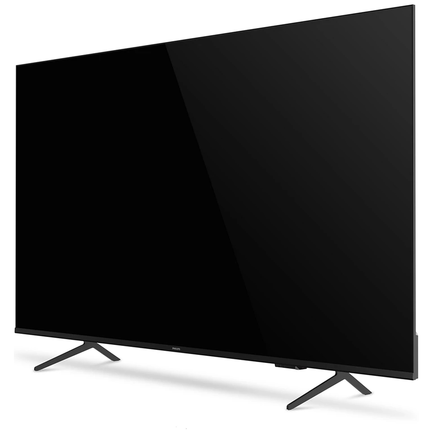 A black television with thin legs on a white background.