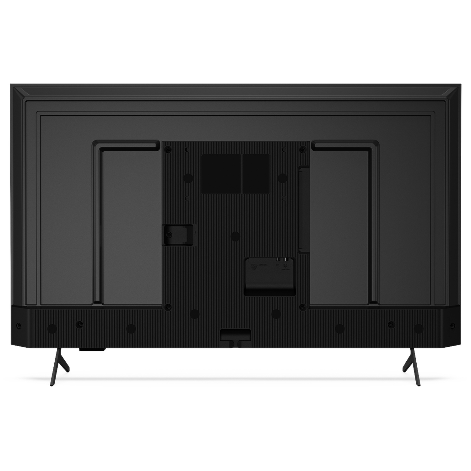 Back of a black television showing ports and two stand legs.