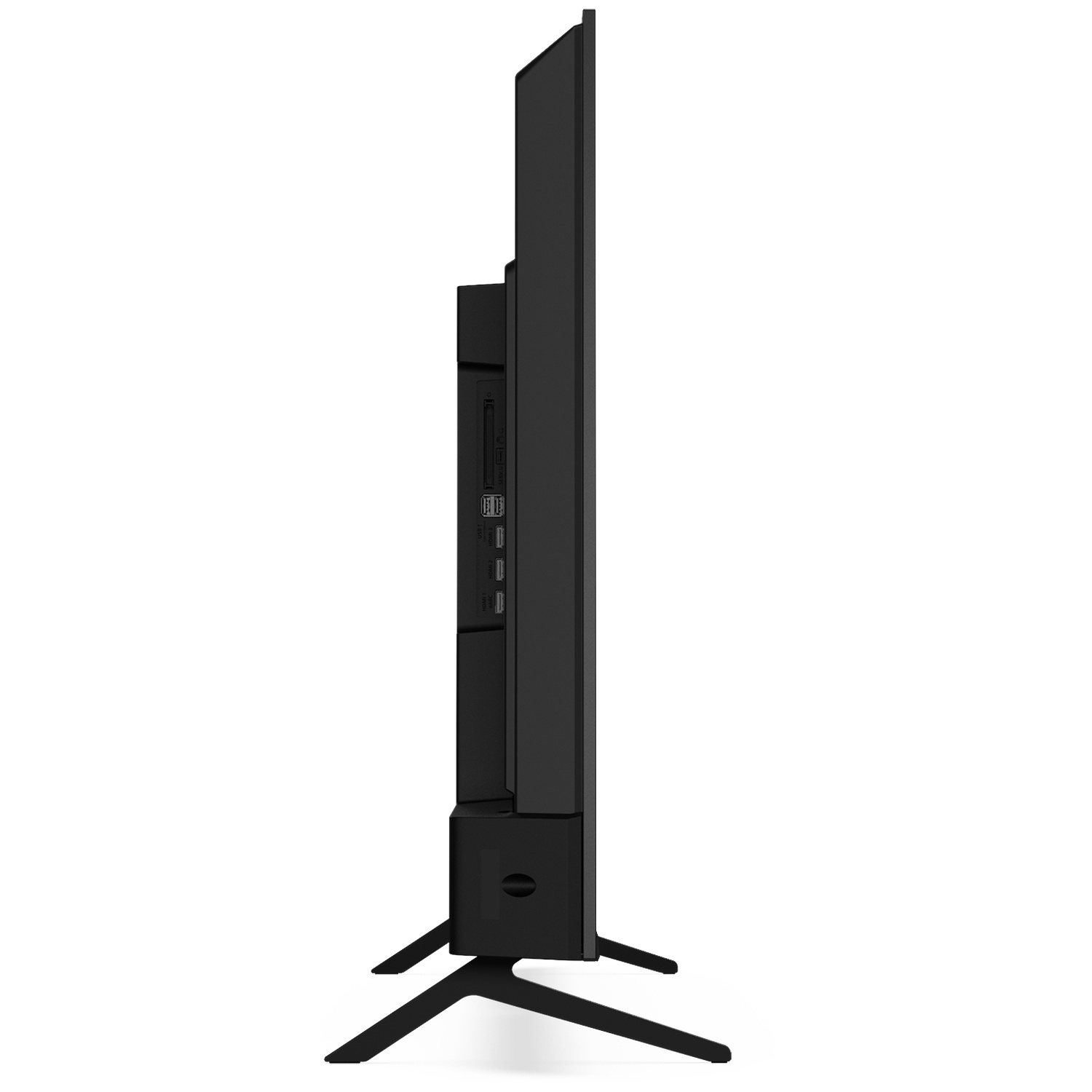 Black television on a stand, showing ports on the side.