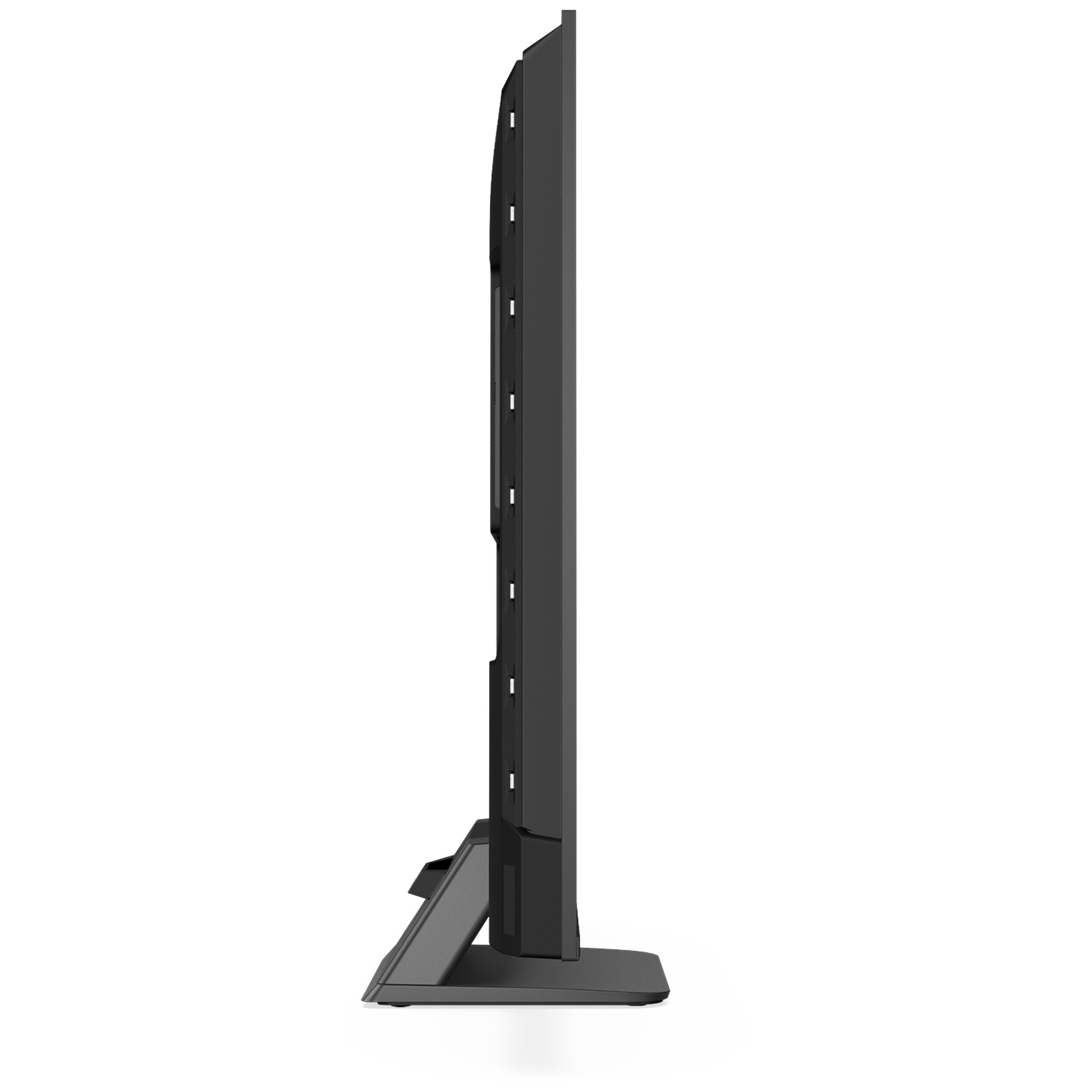 A black television set with a stand, viewed from the side.