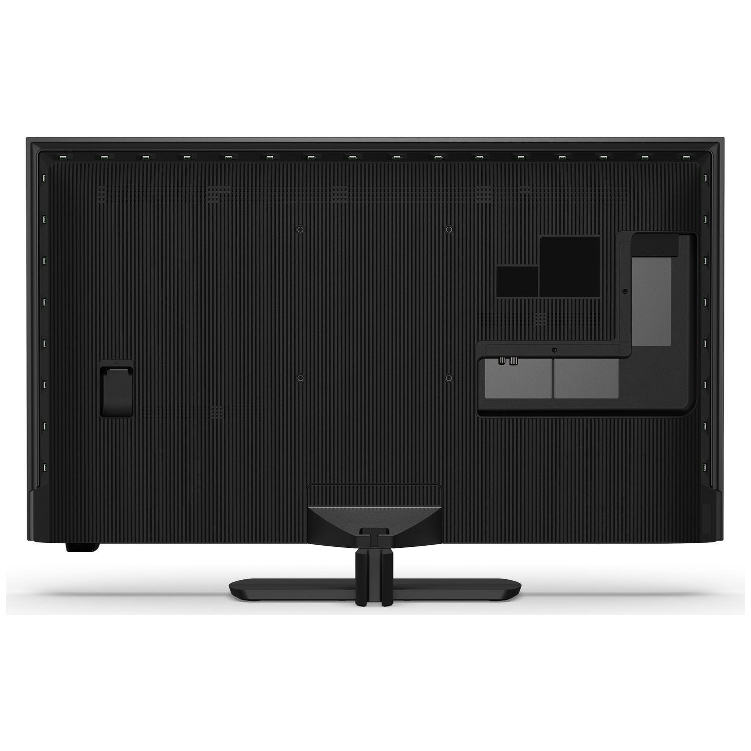 Back of a black television showing connection ports and stand.