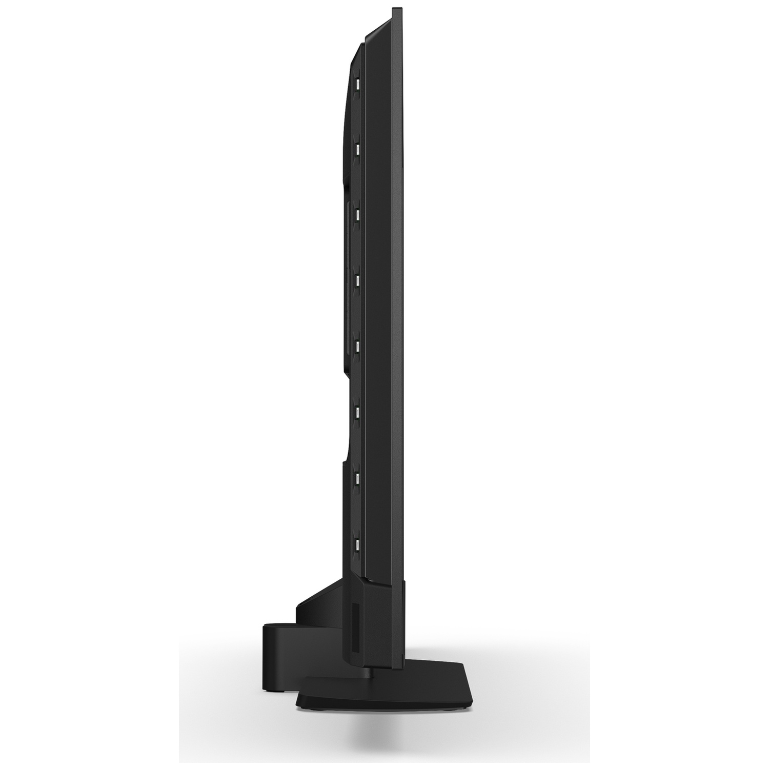 Side view of a black television on a stand.
