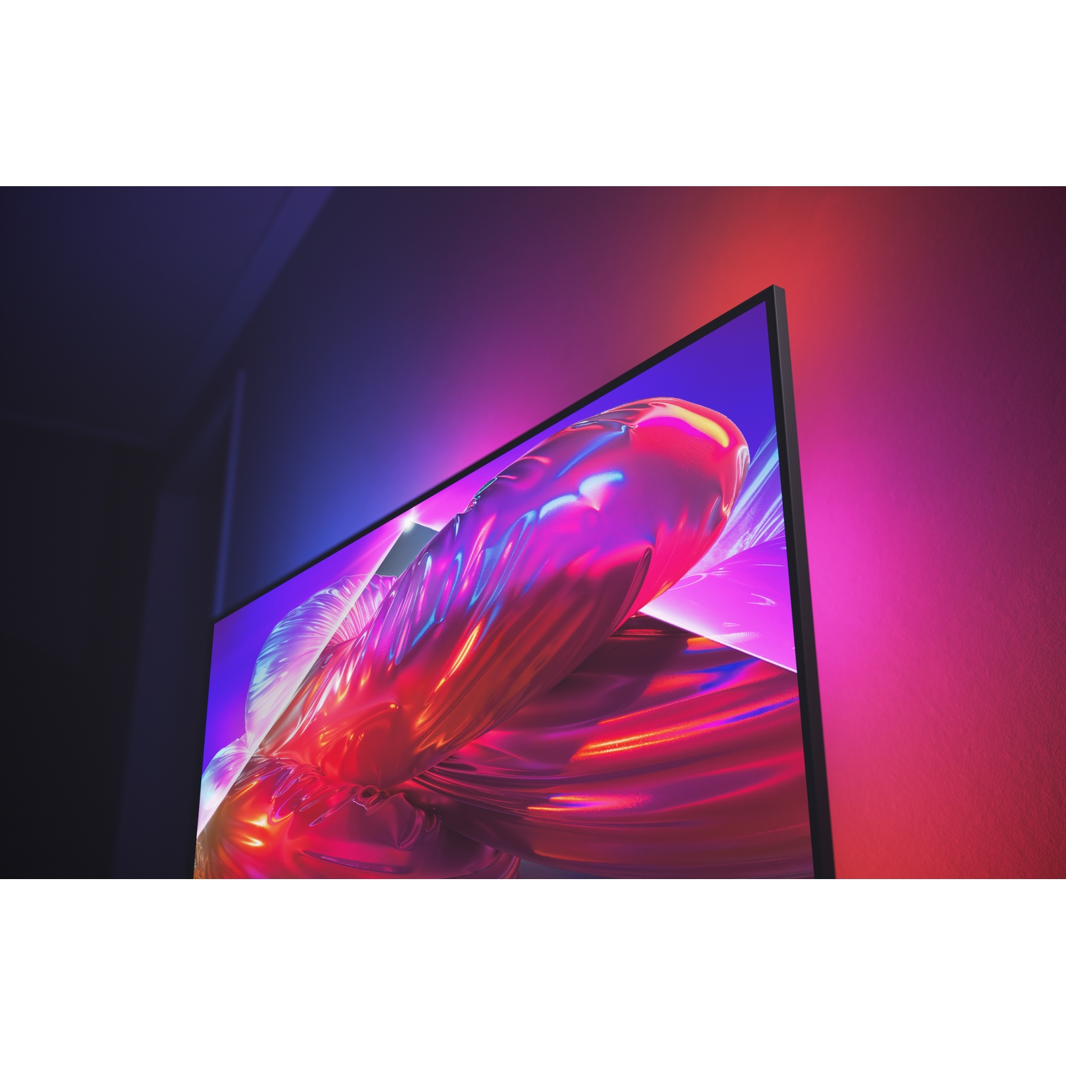 A modern TV displaying vibrant, abstract red and blue lights, with ambient lighting.