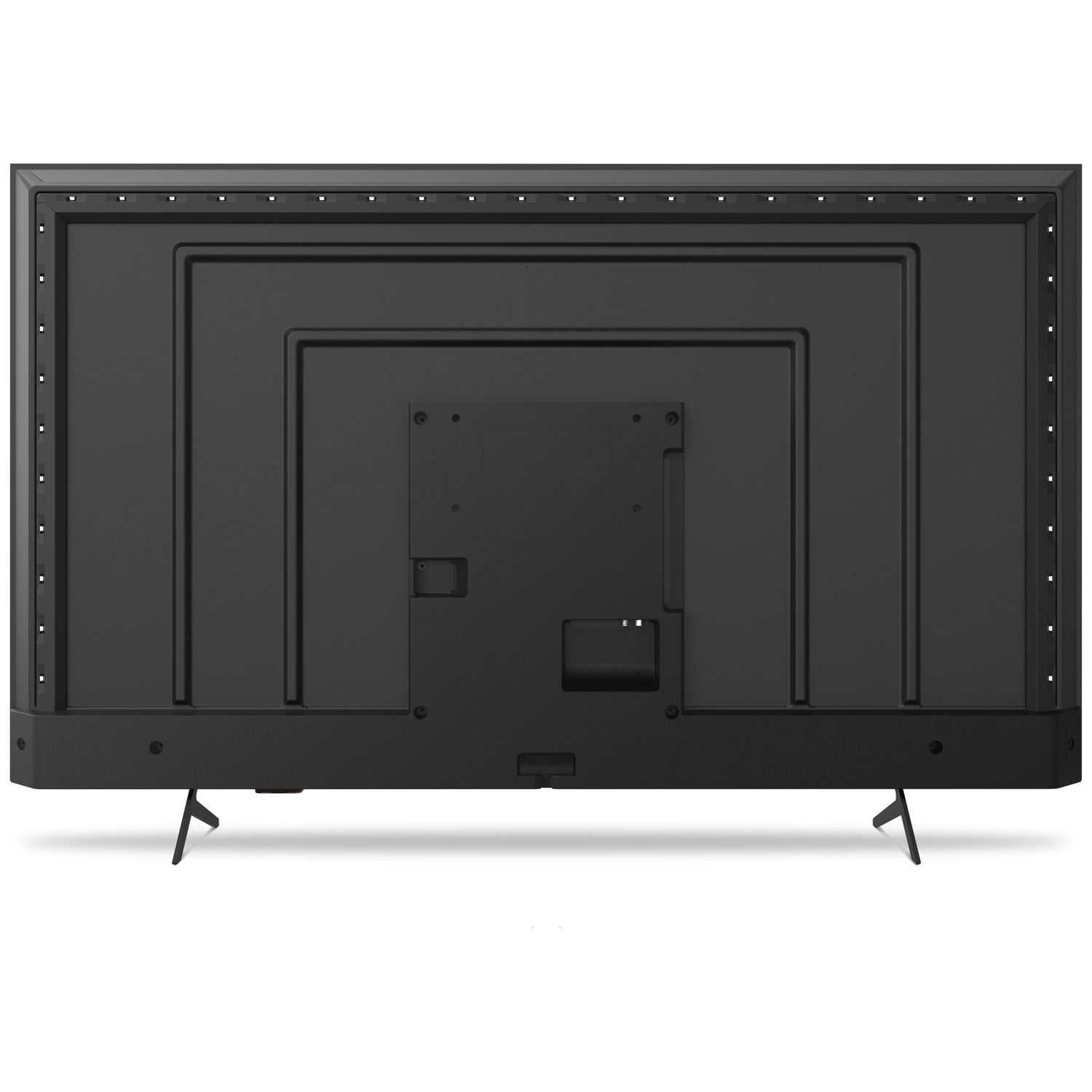 Back of a black television with two stand feet on a white background.