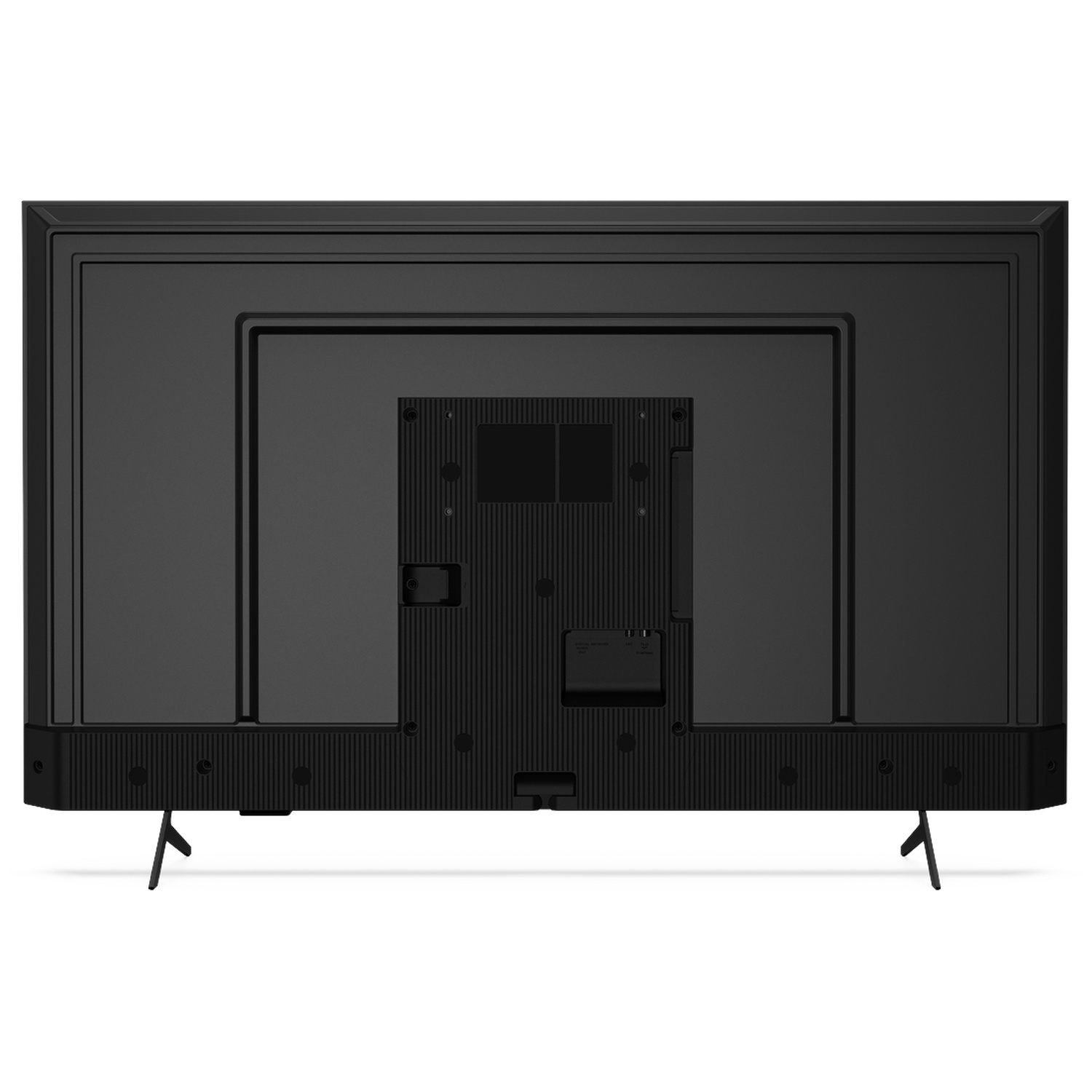 Back view of a black television with stand legs and ports.