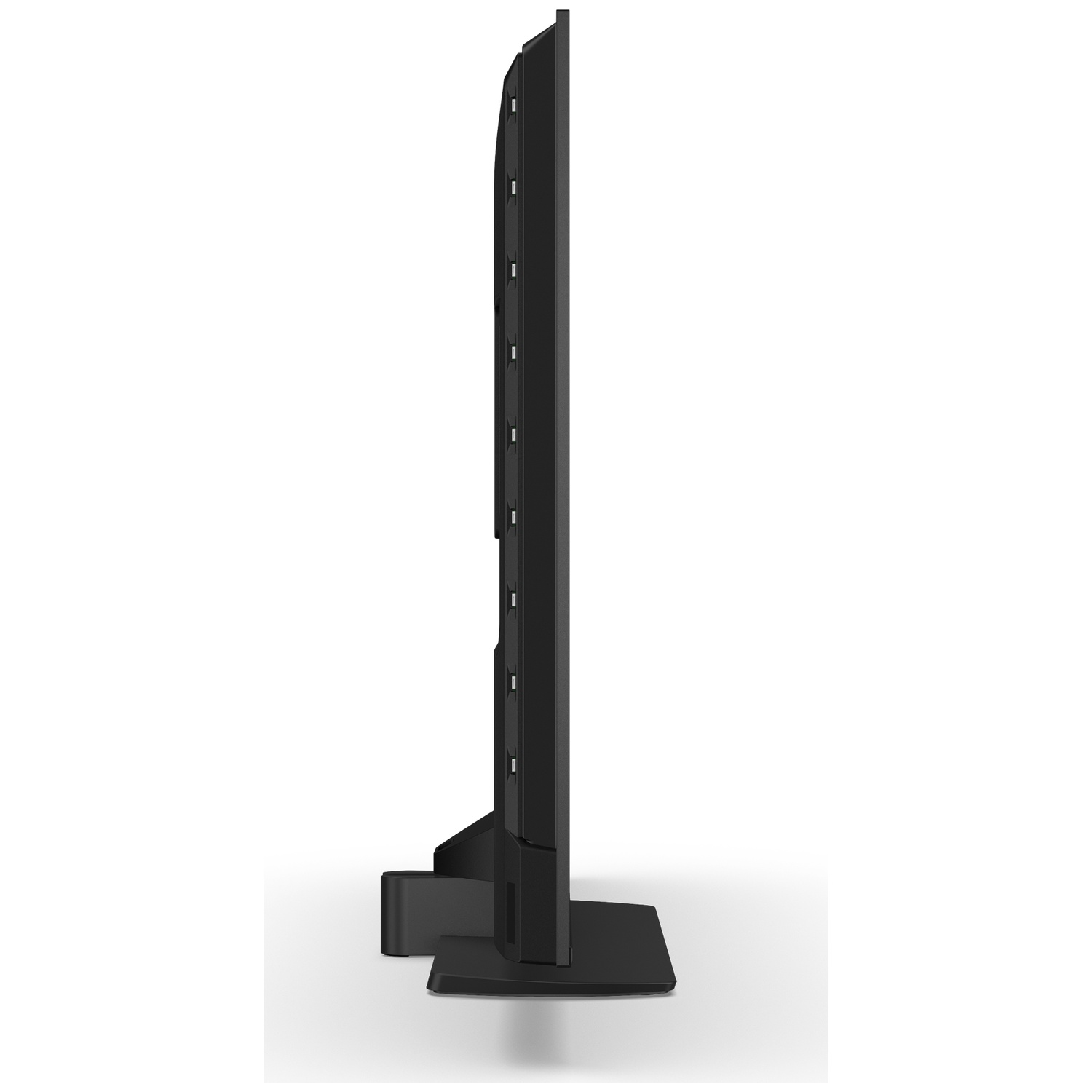 A black television on a stand, seen from the side.