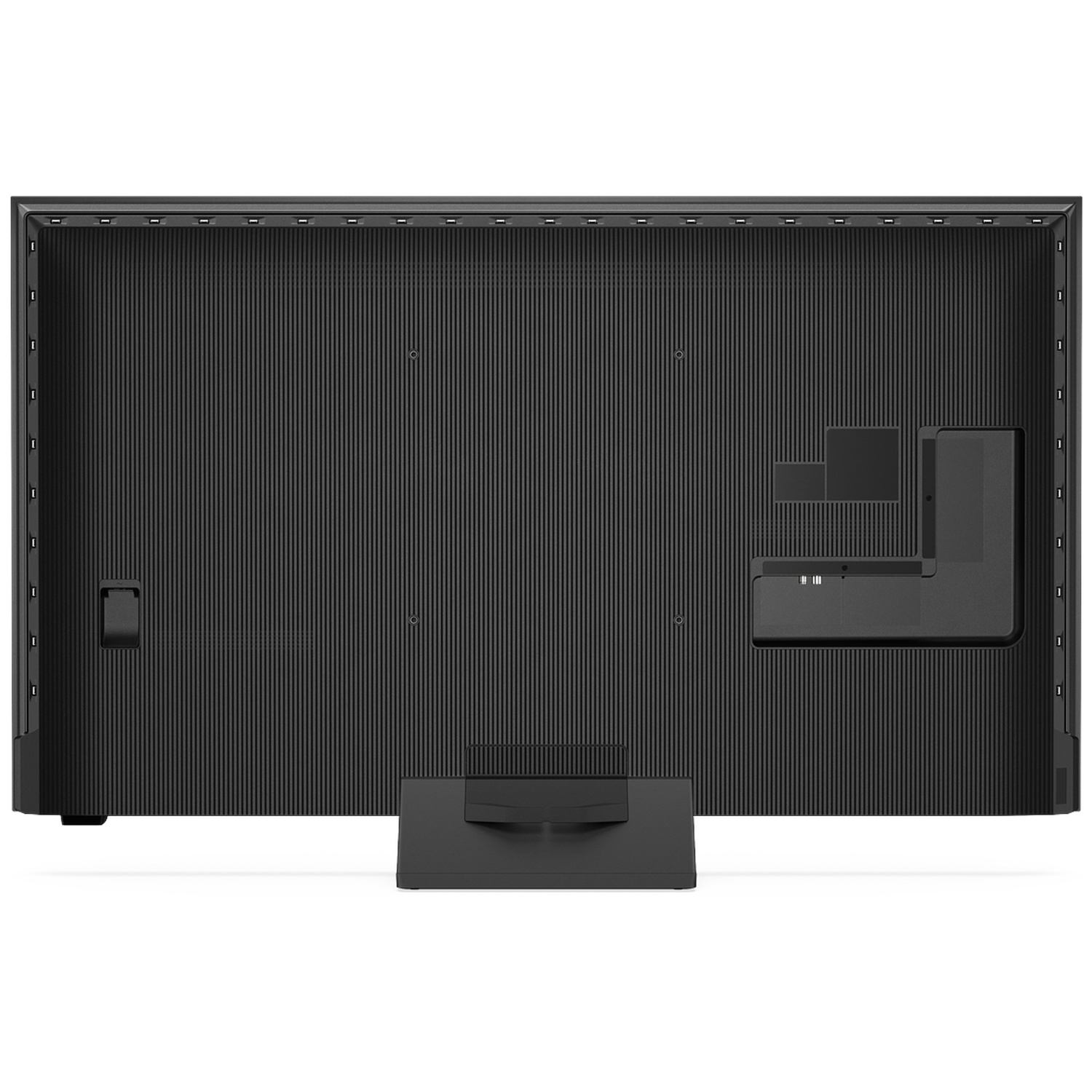 Back of a black television with ribbed texture and a stand.