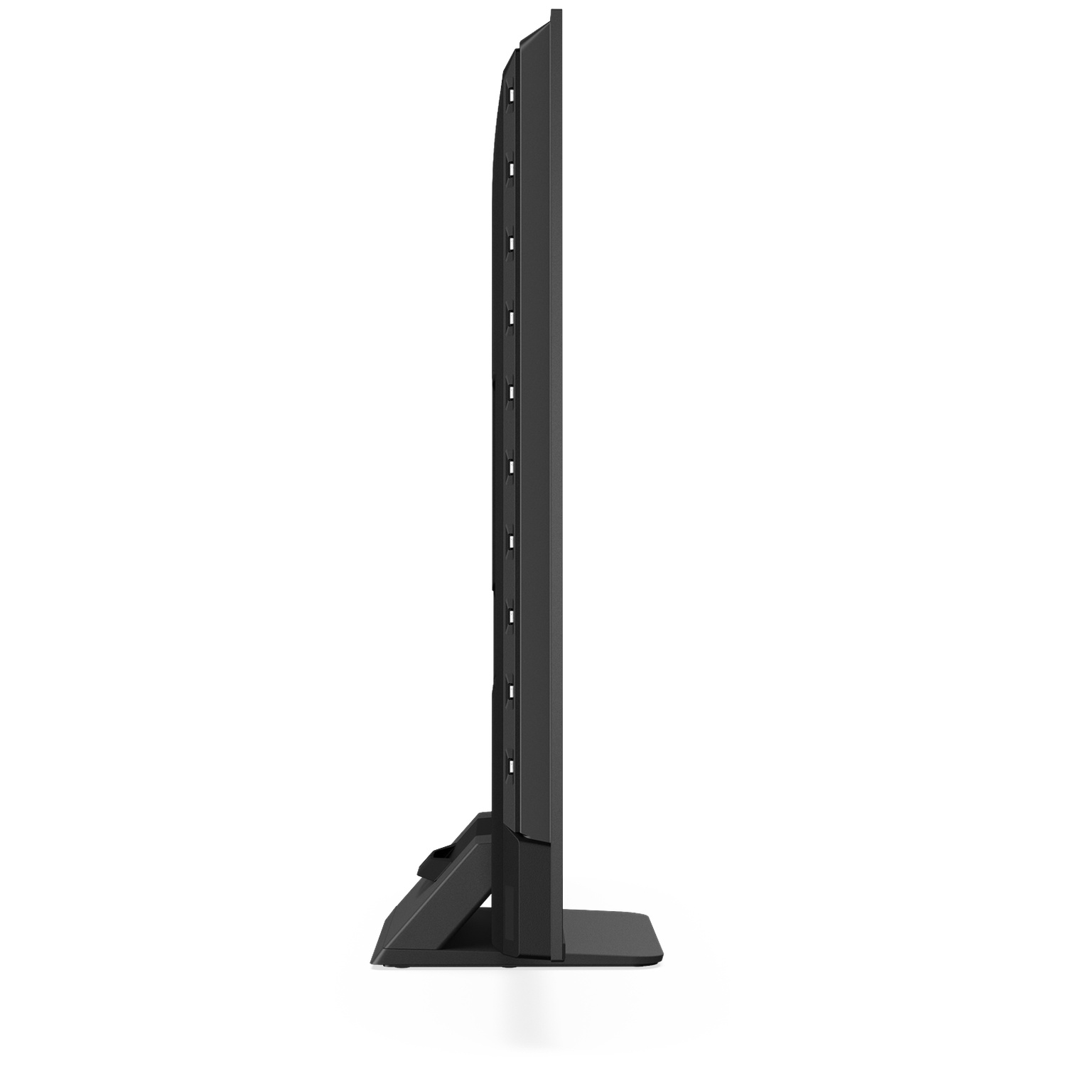 Side view of a modern black television on a stand.